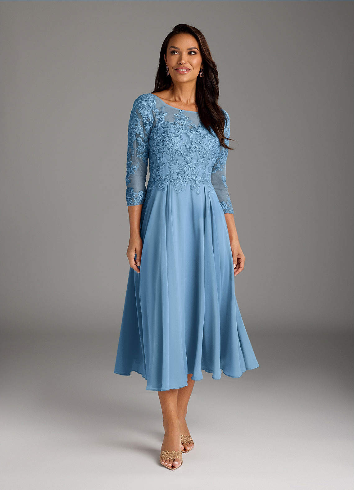 Azazie Marge Kleider für die Brautmutter A-Linie Schaufel Spitze Chiffon Kleid Stahlblau image1