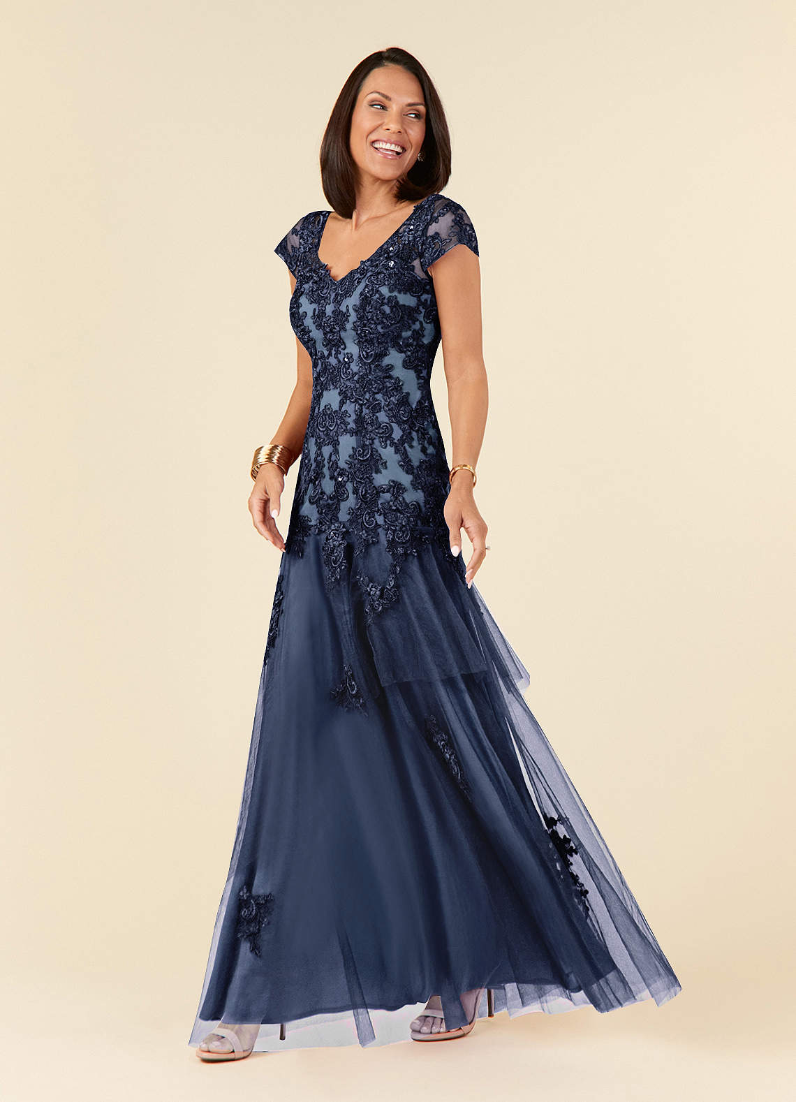 Azazie Romy Dark Navy Dusty Blue Mermaid V-Neck Sequins Tulle