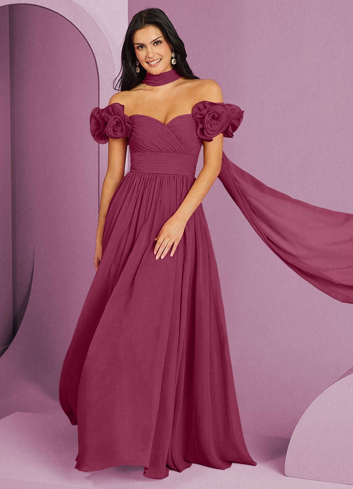 Barbie ♥ Azazie Brautjungfernkleider Wandelbar A-Linie Schulterfrei Chiffon Kleid Maulbeerrot image1