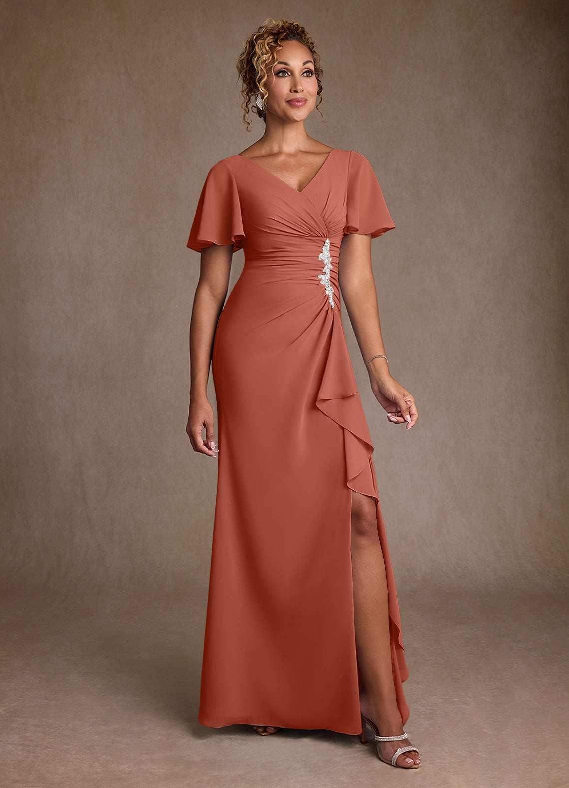 Azazie Suffolk Kleider für die Brautmutter A-Linie Plissee Chiffon Kleid Lehm image1