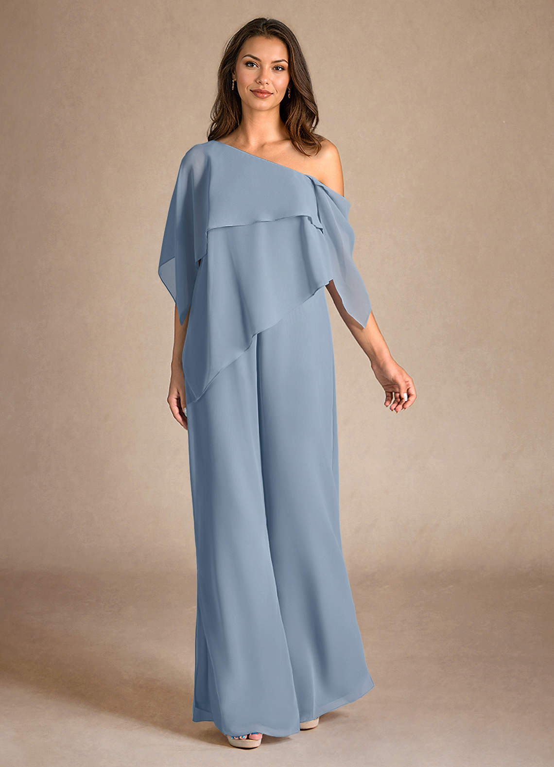 Azazie Halima Mère de la mariée Robes Robe Combinaison/Tailleur Pantalon en Mousseline de soie Fente Latérale Bleu Poussiéreux image3