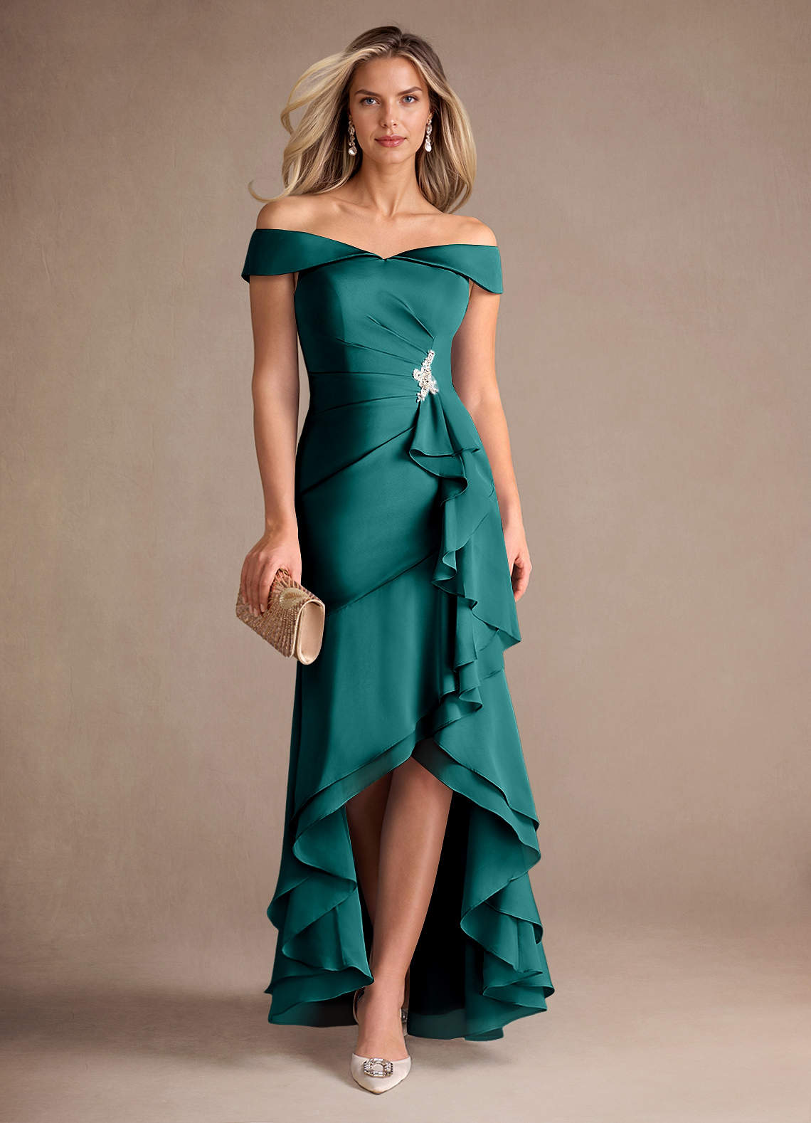 Azazie Billings Mother of the Bride Dresses Peacock Mermaid Off the Shoulder Stretch Satin Dress image1