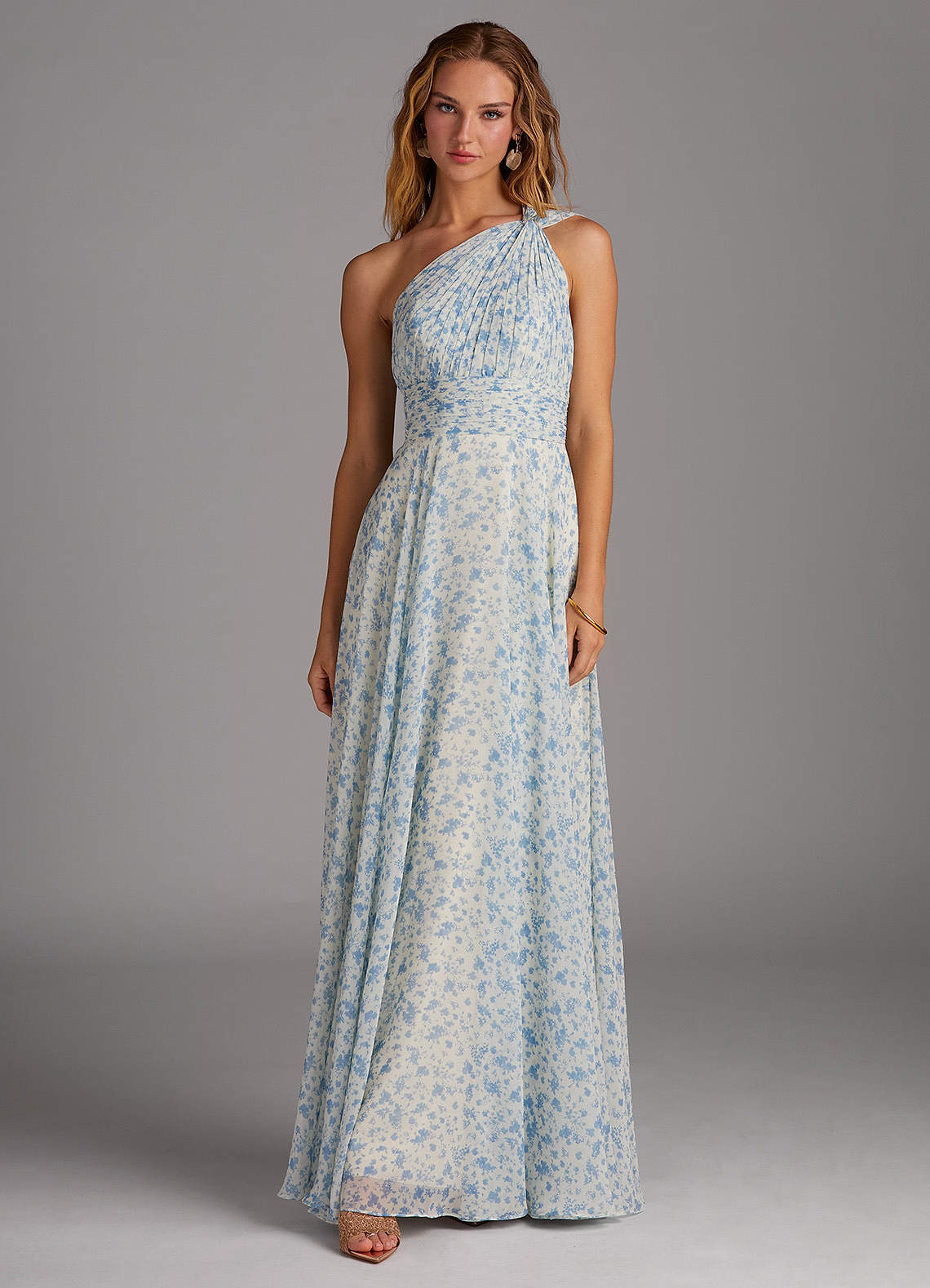 Azazie Charlize Bridesmaid Dresses Blue And White Ditsy Floral A-Line One Shoulder Chiffon Dress image1