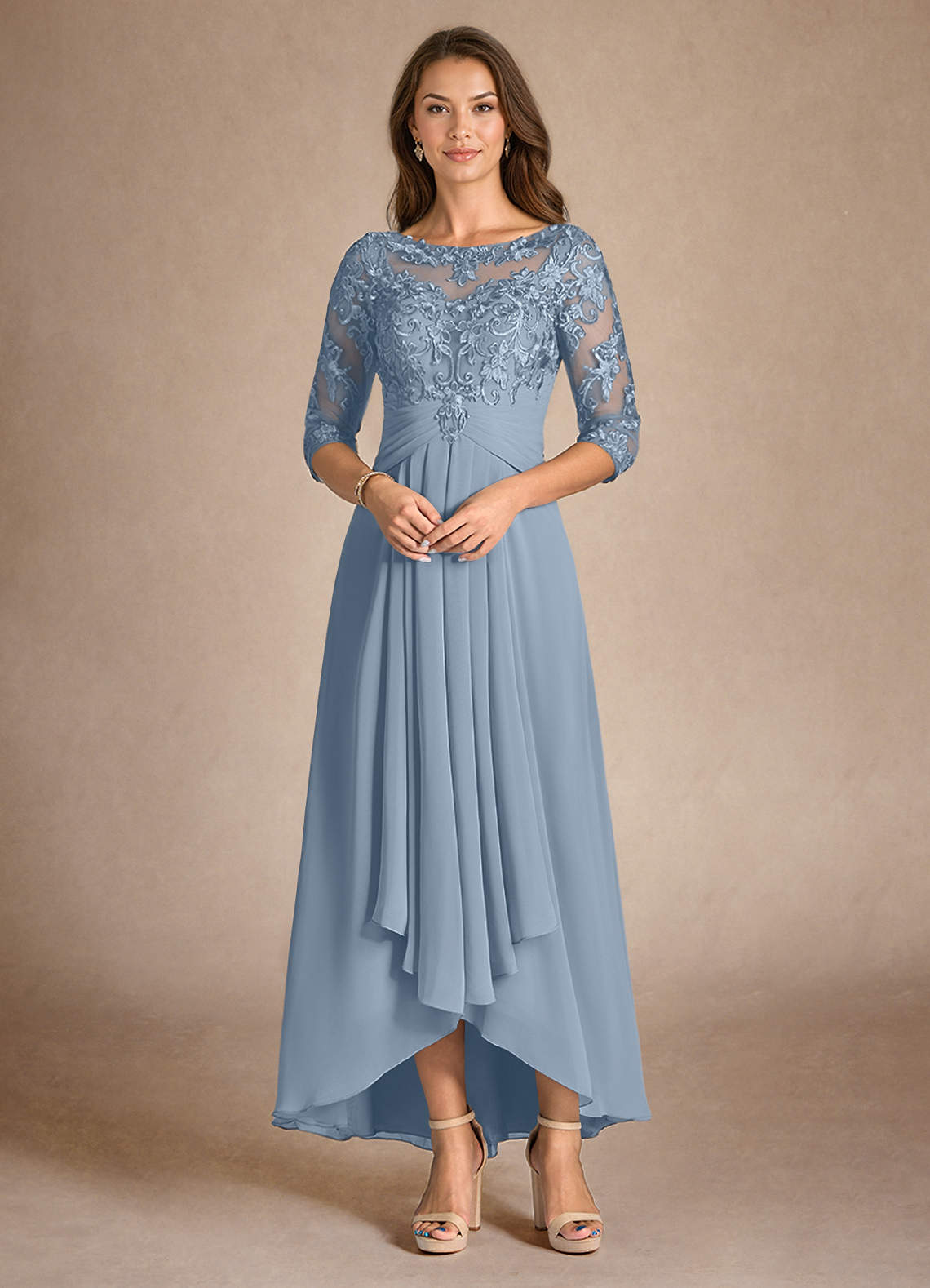 Azazie Marietta At-home Try On Dresses Dusty Blue A-Line Lace Dress image3