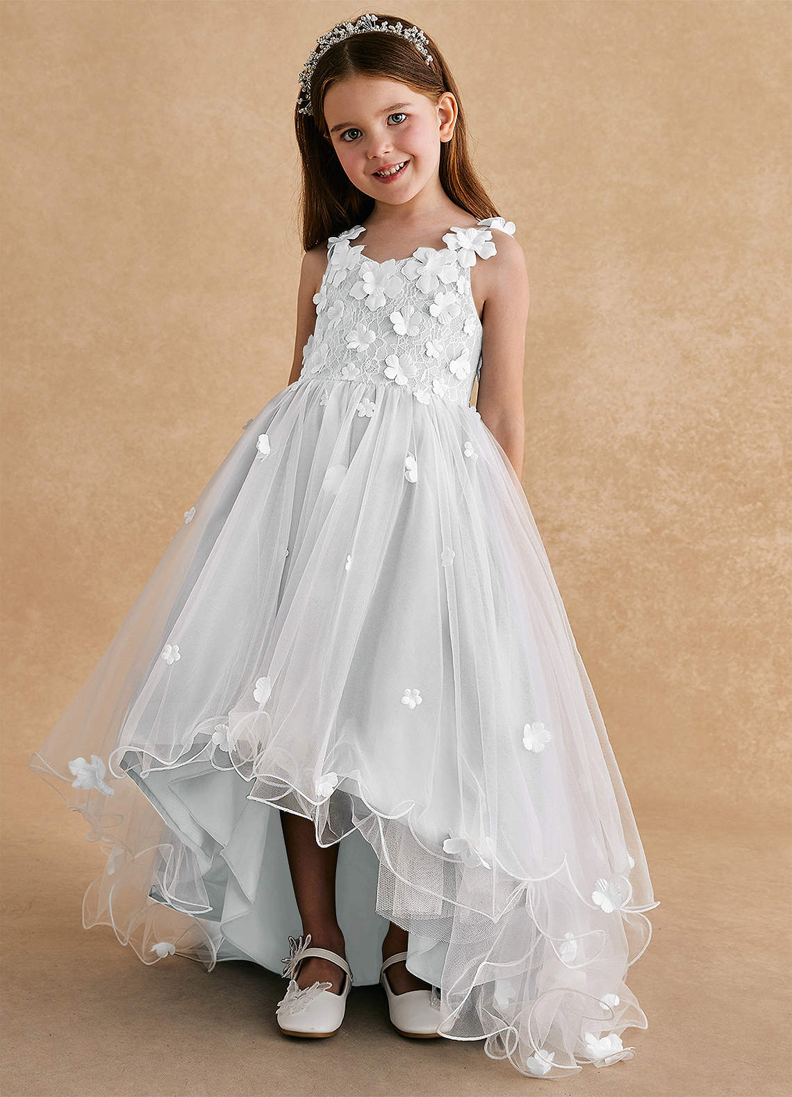 Azazie Celia Flower Girl Dresses Diamond White A-Line Lace Tulle Dress image4