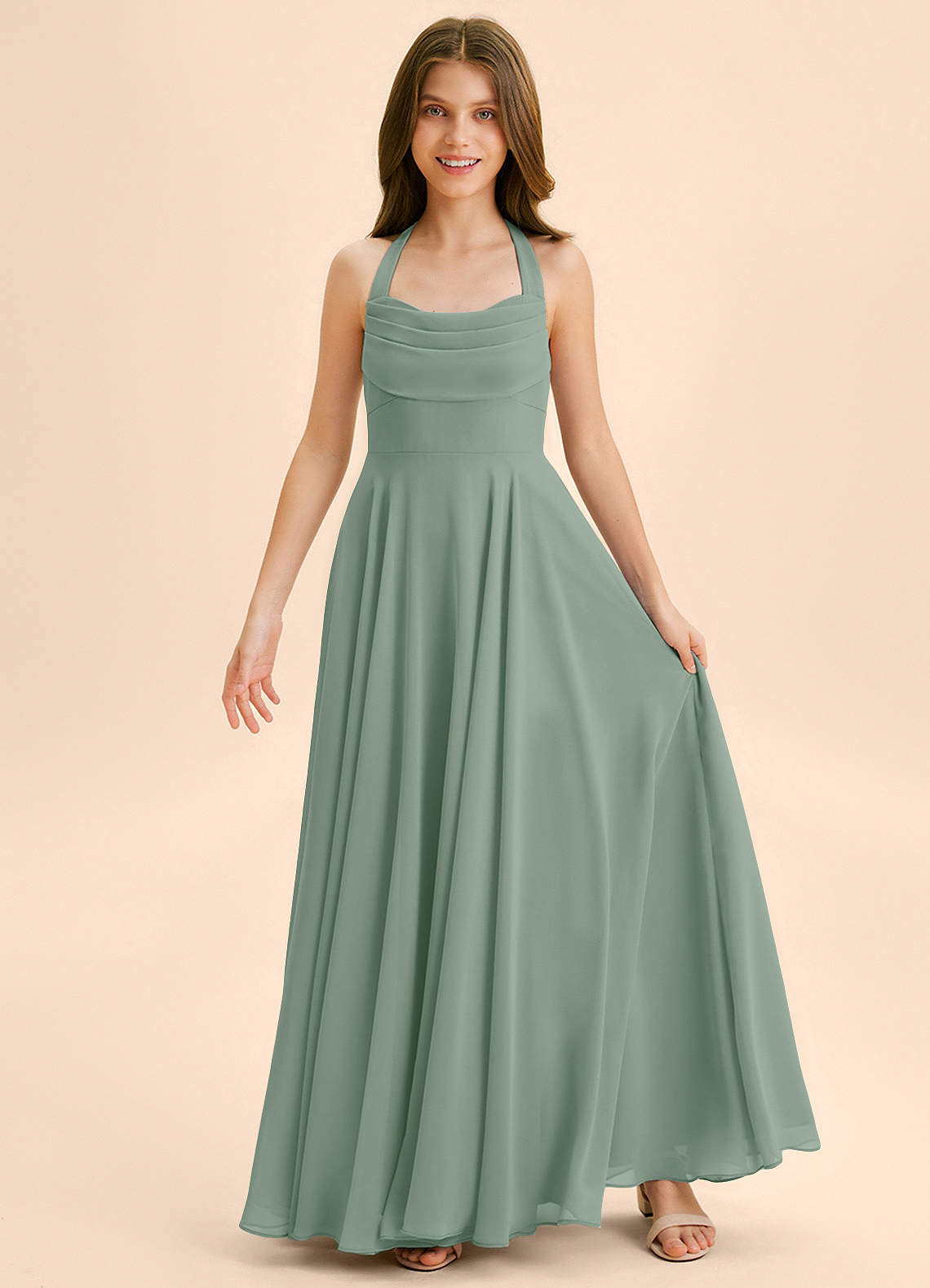 Azazie Kady Junior A-Linie Herzausschnitt Chiffon Kleid Silberner Salbei image2