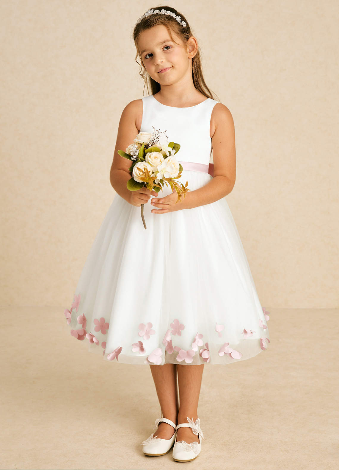 Azazie Dot Flower Girl Dresses Ivory Blushing Pink A-Line Bow Tulle Dress image1