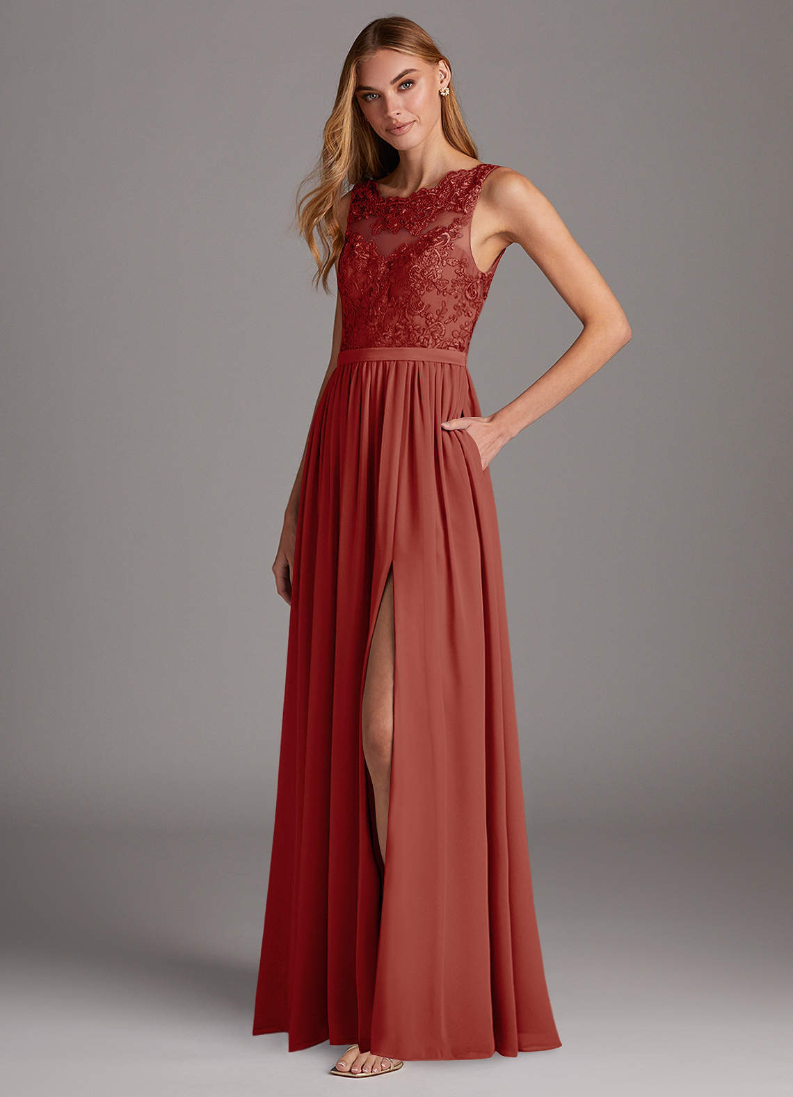 Azazie Elly Brautjungfernkleider A-Linie Rundhalsausschnitt mit Spitze Chiffon Kleid Terrakotta image1