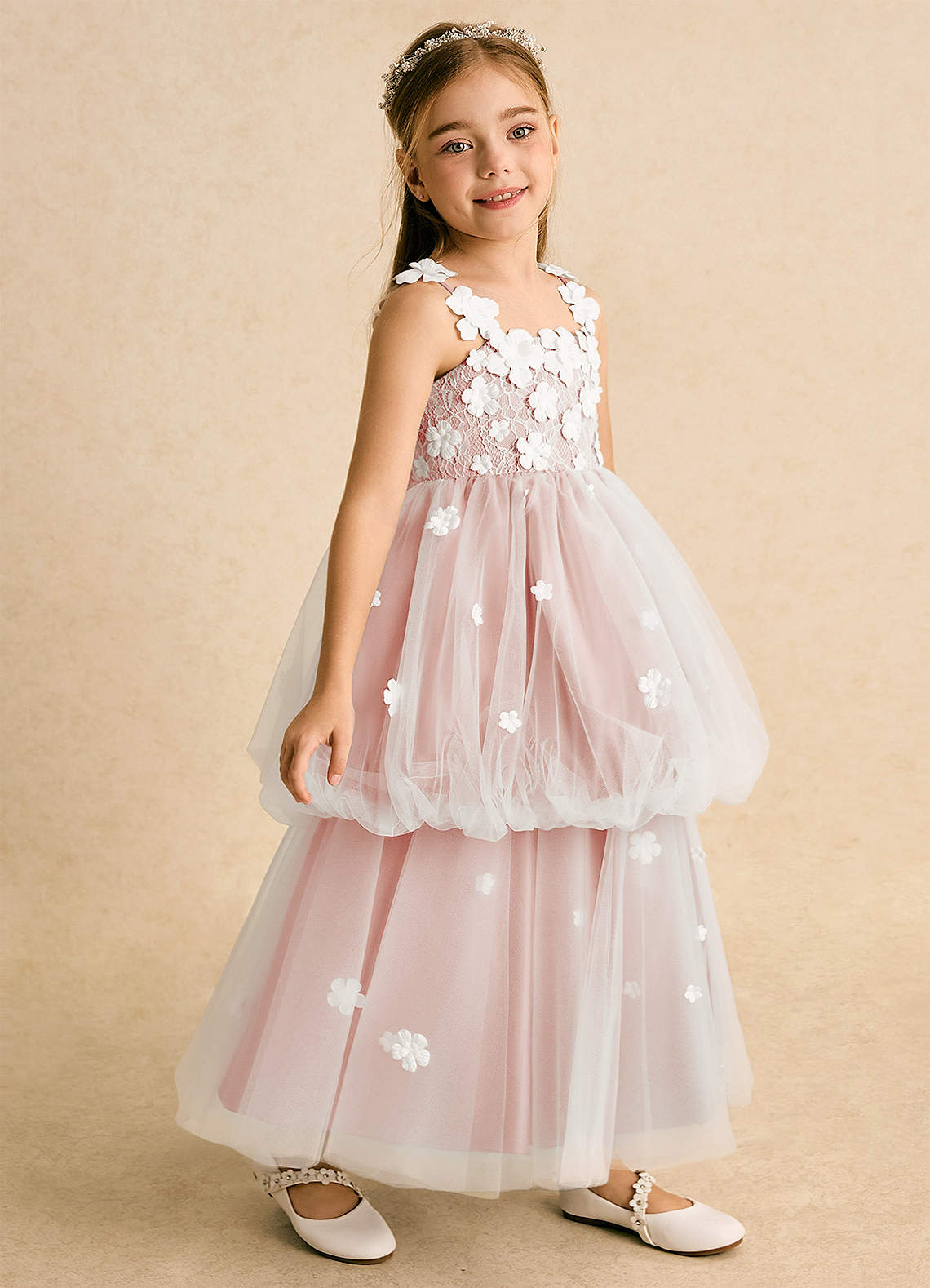 Azazie Teacup Flower Girl Dresses Ivory Rosette Ball-Gown Lace Tulle Dress image1
