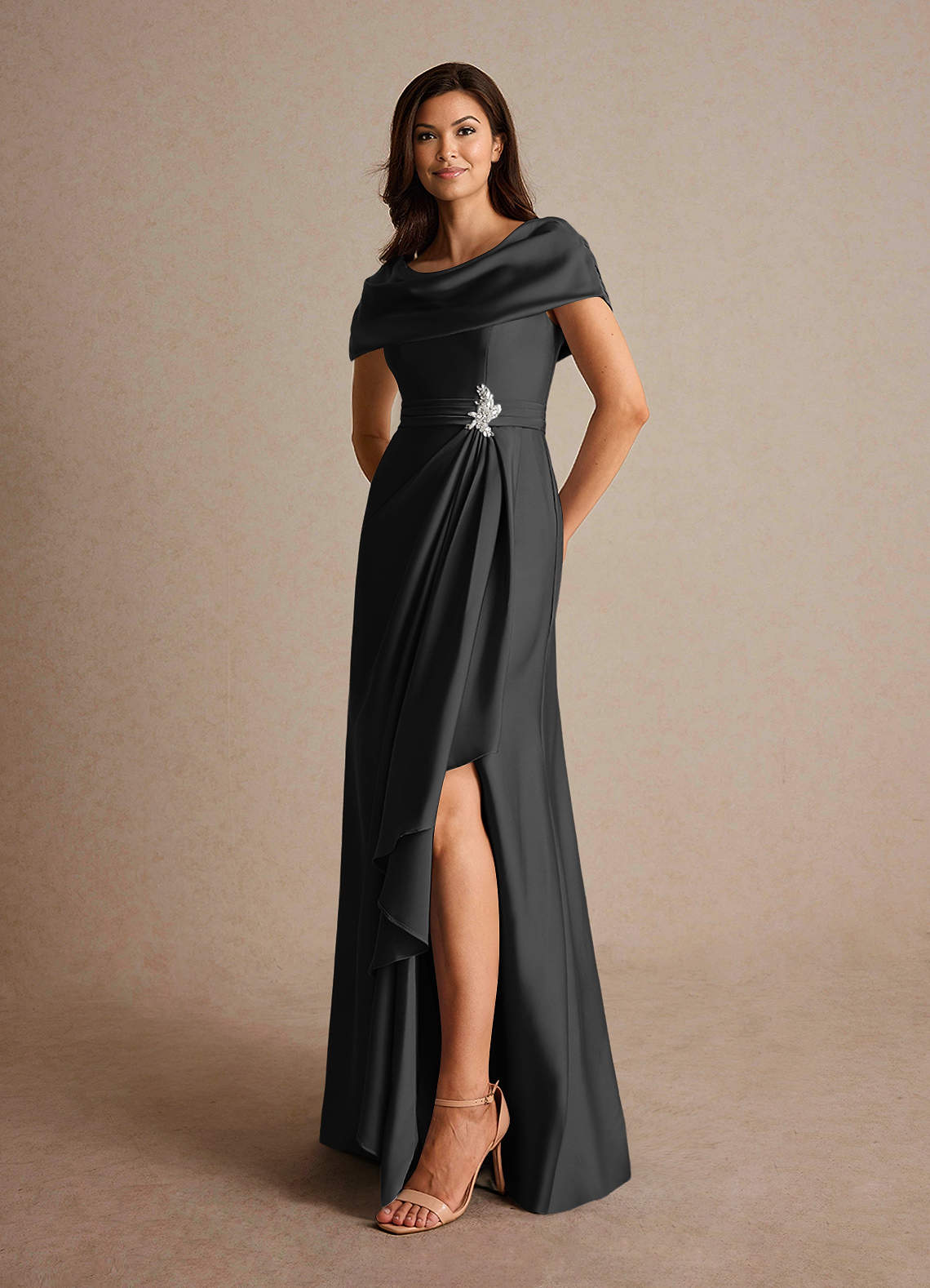 Azazie Branford Mother of the Bride Dresses Black A-Line Pleated Stretch Satin Dress image7
