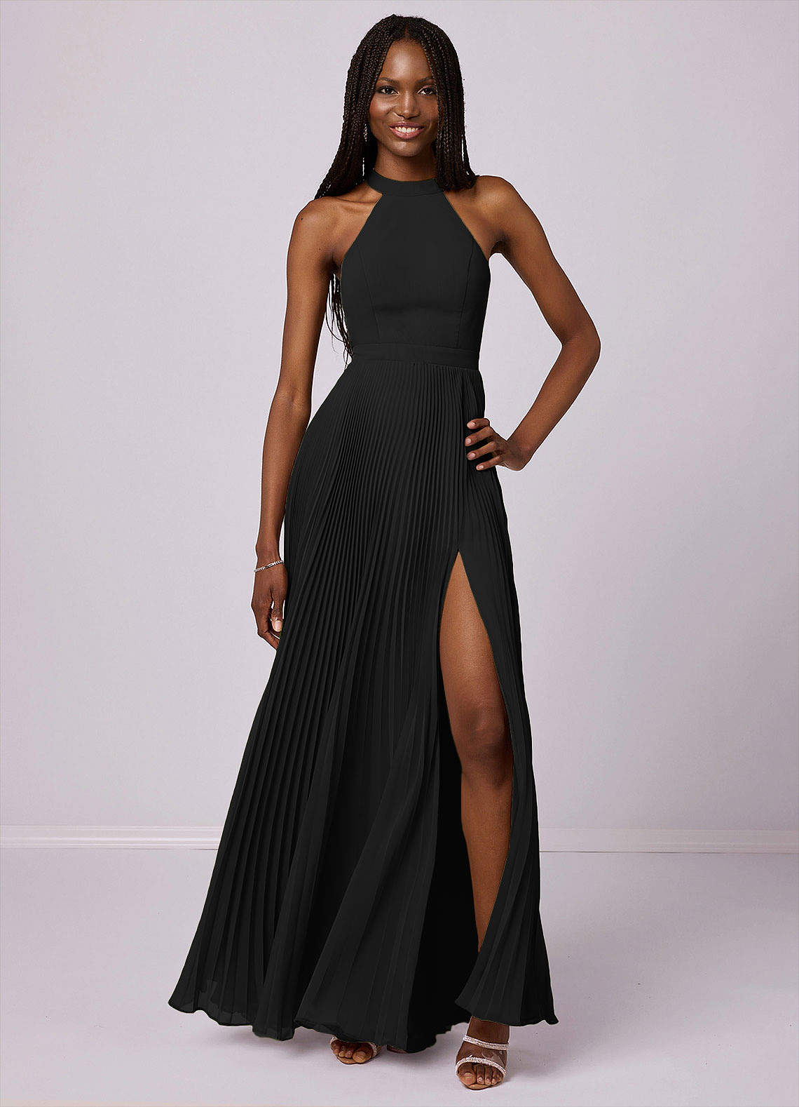 navy blue dress for baby girl Boho A-line Pleated Halter Cutout Chiffon Floor-Length Bridesmaid Dress  with Slit S6142B - Bridesmaid Dresses main image 1