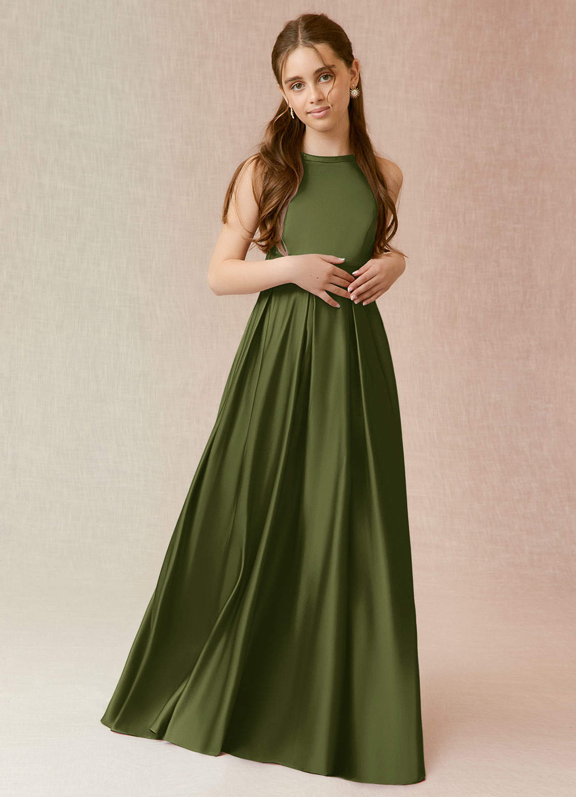 Azazie Arianthe Junior Olive A-Line with Pockets Stretch Satin Dress image1