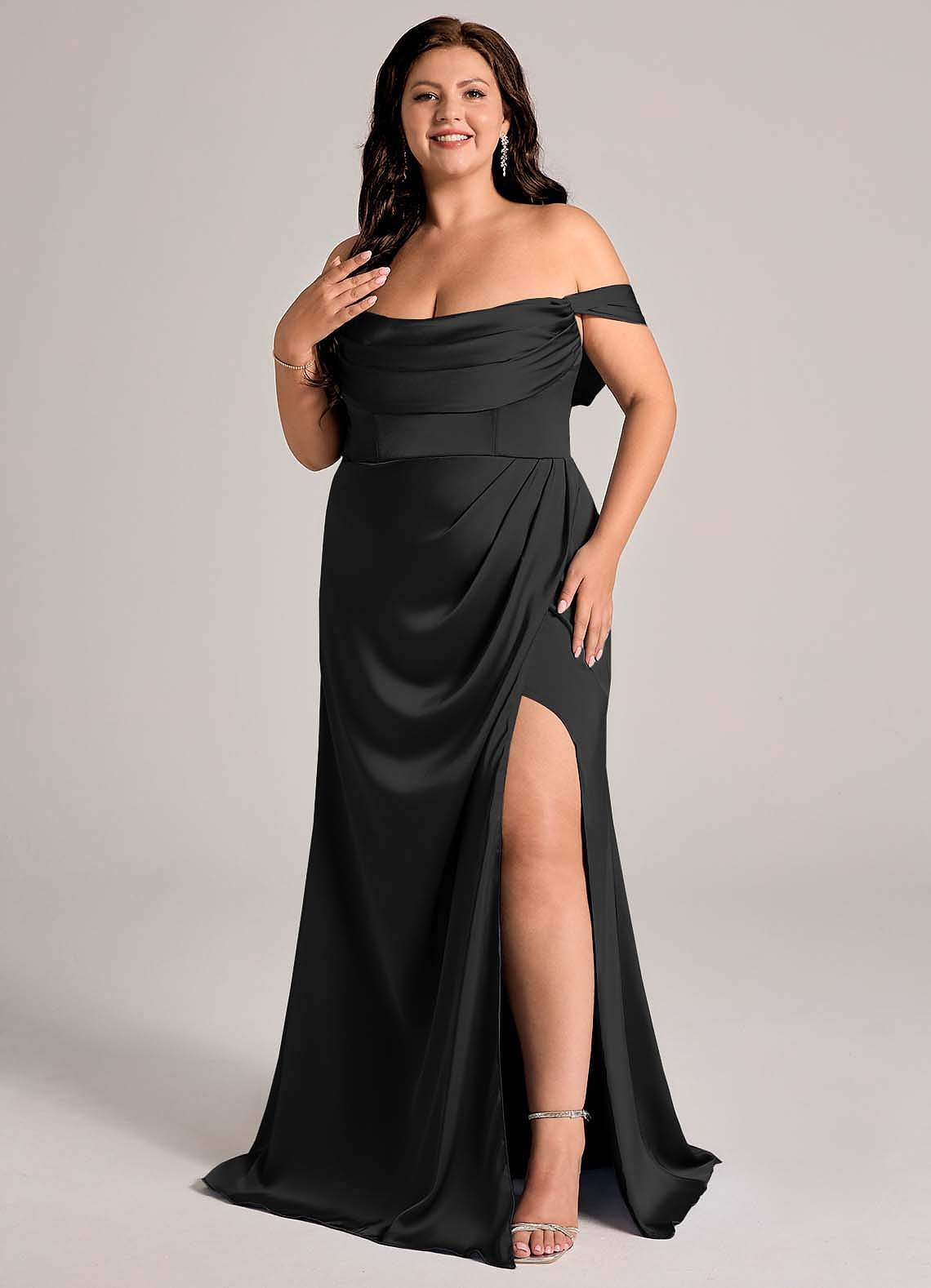 Azazie Johana Bridesmaid Dresses Black Mermaid Off the Shoulder Stretch Satin Convertible Dress image1