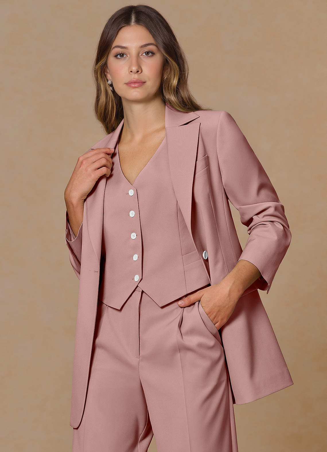 front Rowan Dusty Rose Refined Weave Performance blazer