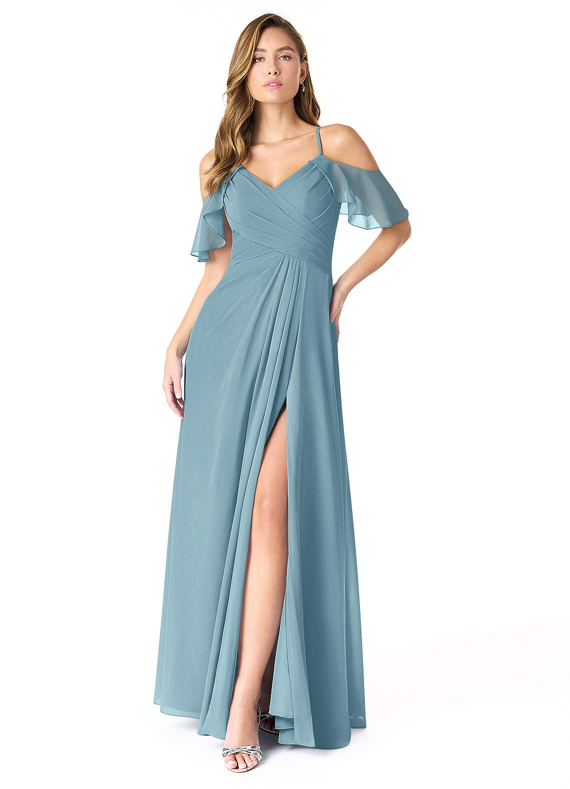 Azazie Dakota Abiti da Damigella Abito A-Line in Chiffon con Scollo a V a Pieghe Blu Lunatico image1