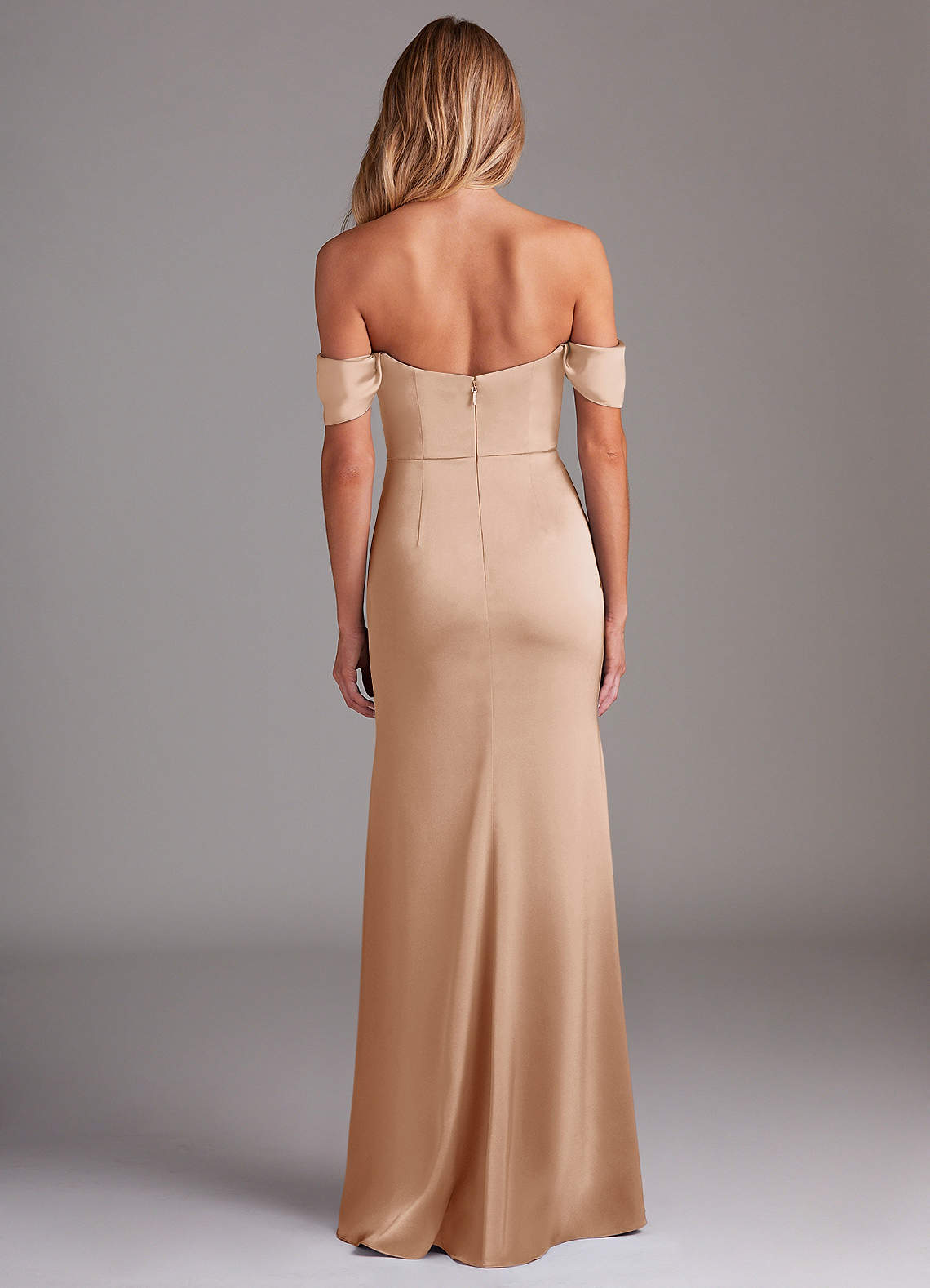 Azazie Saige Bridesmaid Dresses English Rose Sheath Off the Shoulder Stretch Satin Dress image9
