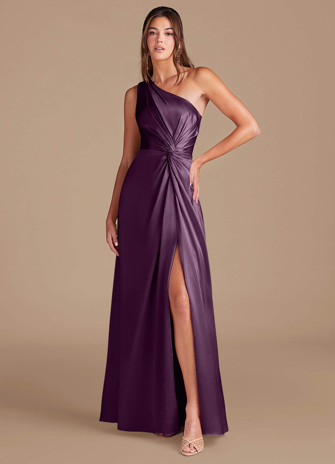 Azazie Brooke Bridesmaid Dresses Plum A-Line One Shoulder Metallic Satin Dress image1