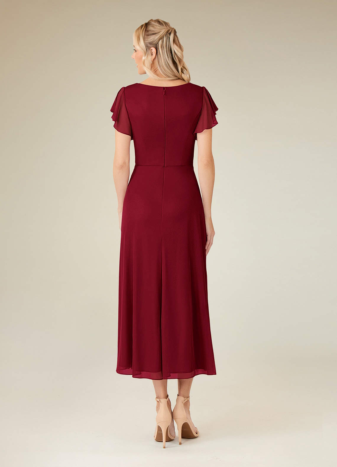Azazie Vera Mother of the Bride Dresses Burgundy A-Line V-Neck Pleated Mesh Dress image3