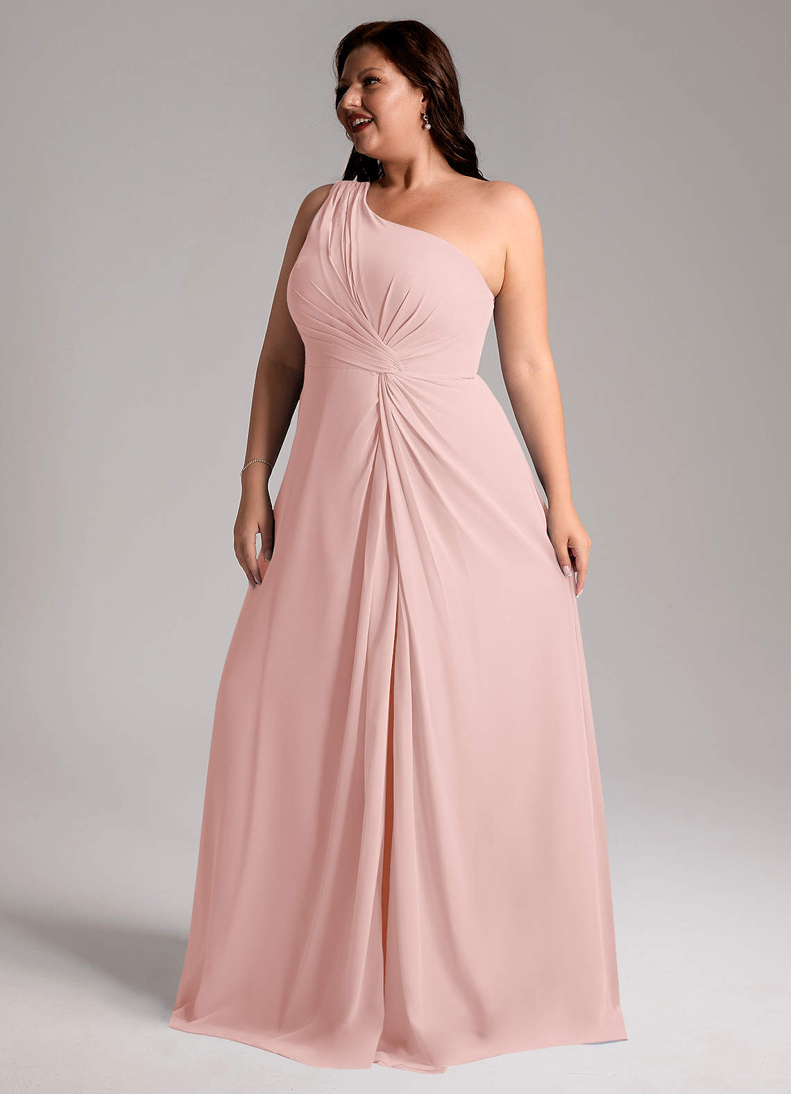 Azazie Brooke Bridesmaid Dresses Powder Pink A-Line One Shoulder Chiffon Dress image11