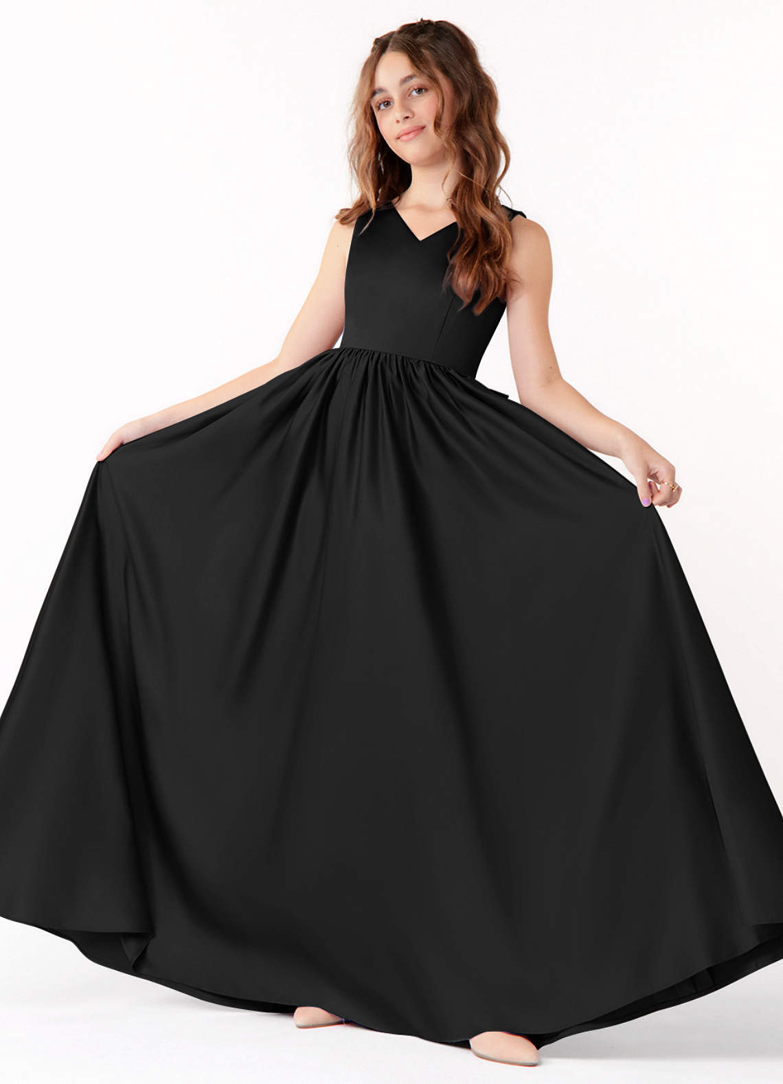 Azazie Hathaway Junior Black A-Line Bow Matte Satin Dress image1