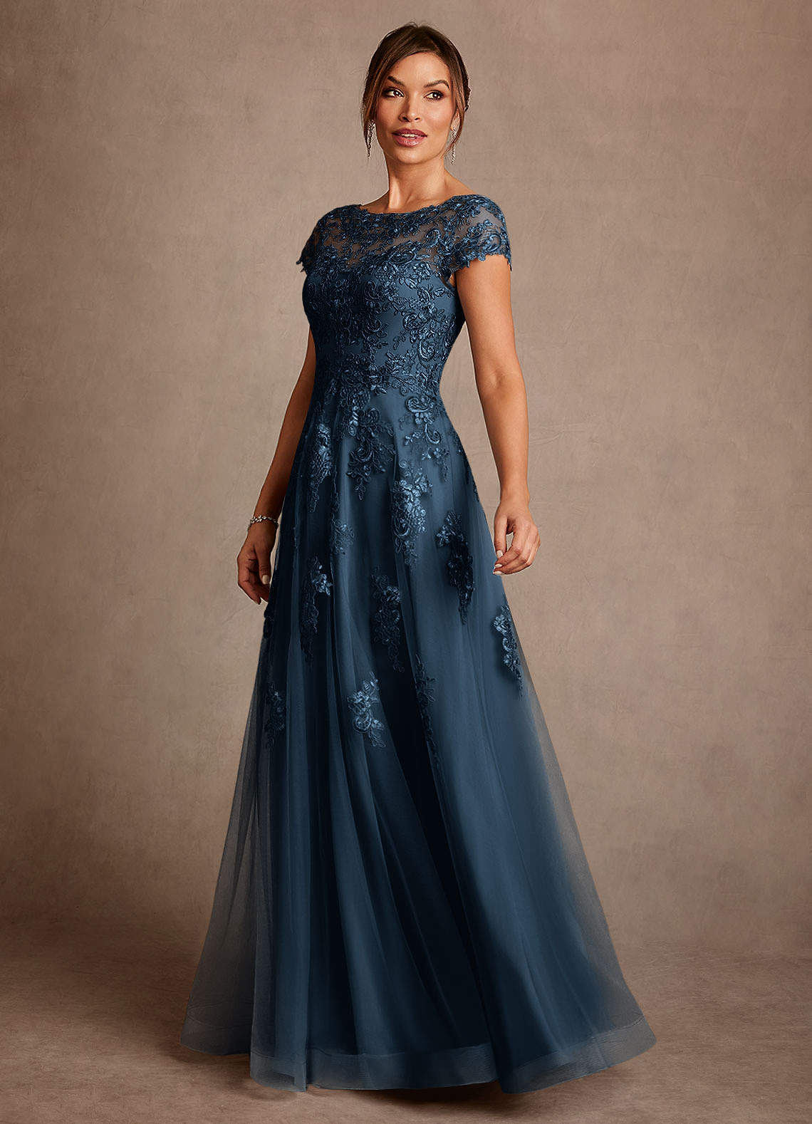 Azazie Jalinda Mother of the Bride Dresses Dark Navy A-Line Lace Chiffon Dress image3