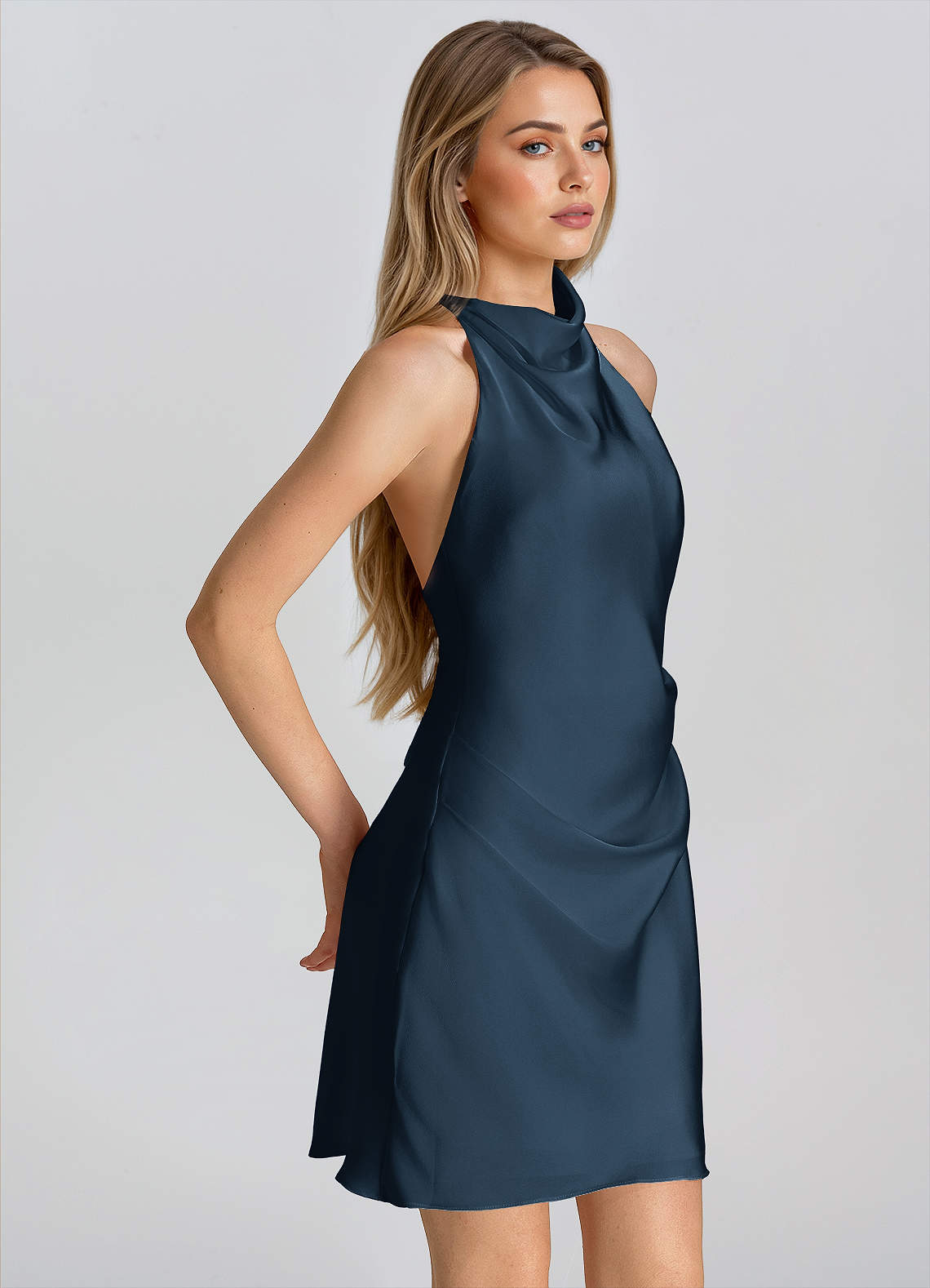 Elowen Navy Halter Cowl Neck Satin Mini Dress