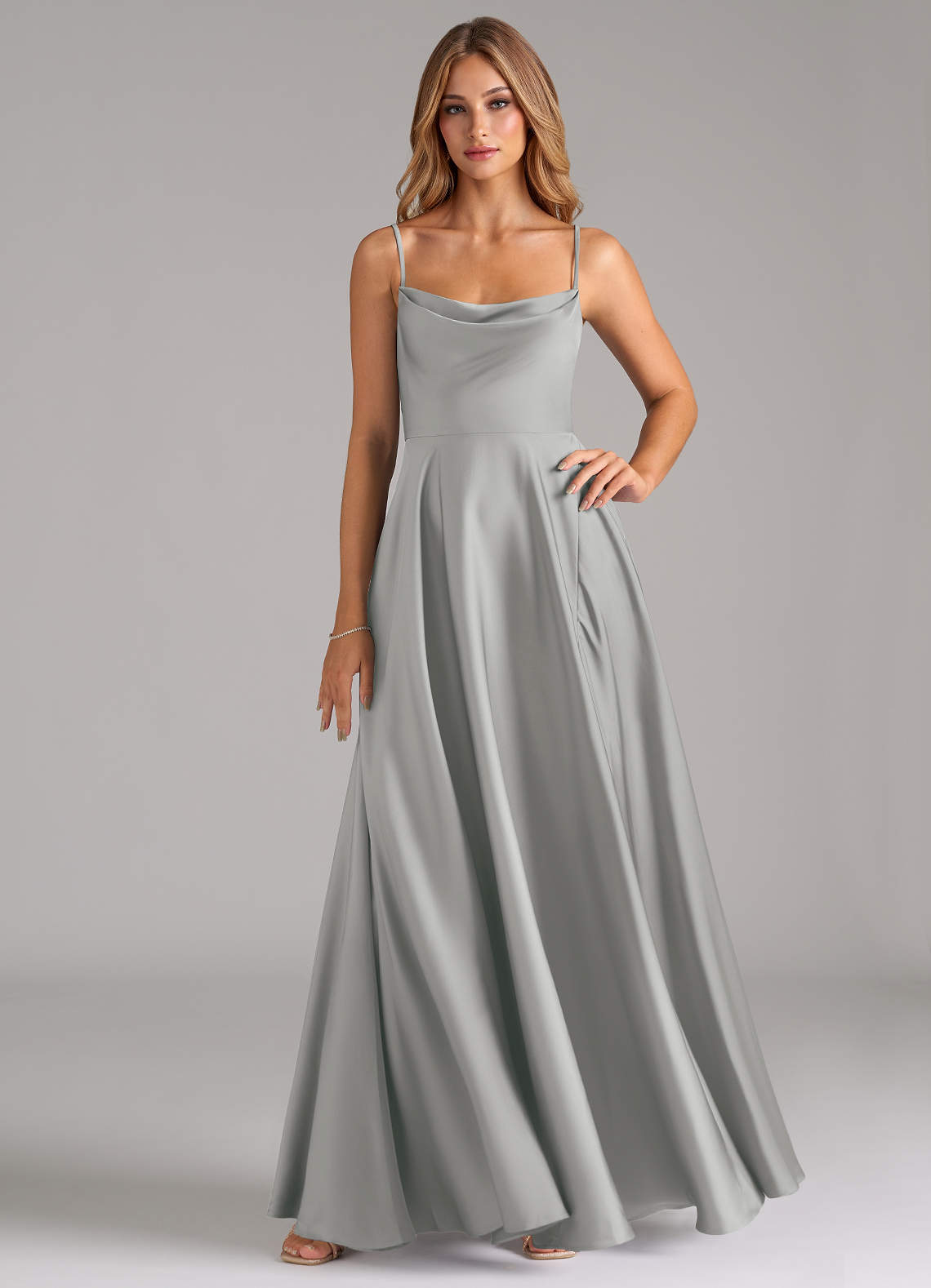 Azazie Elle Bridesmaid Dresses Silver A-Line Pleated Stretch Satin Dress image1