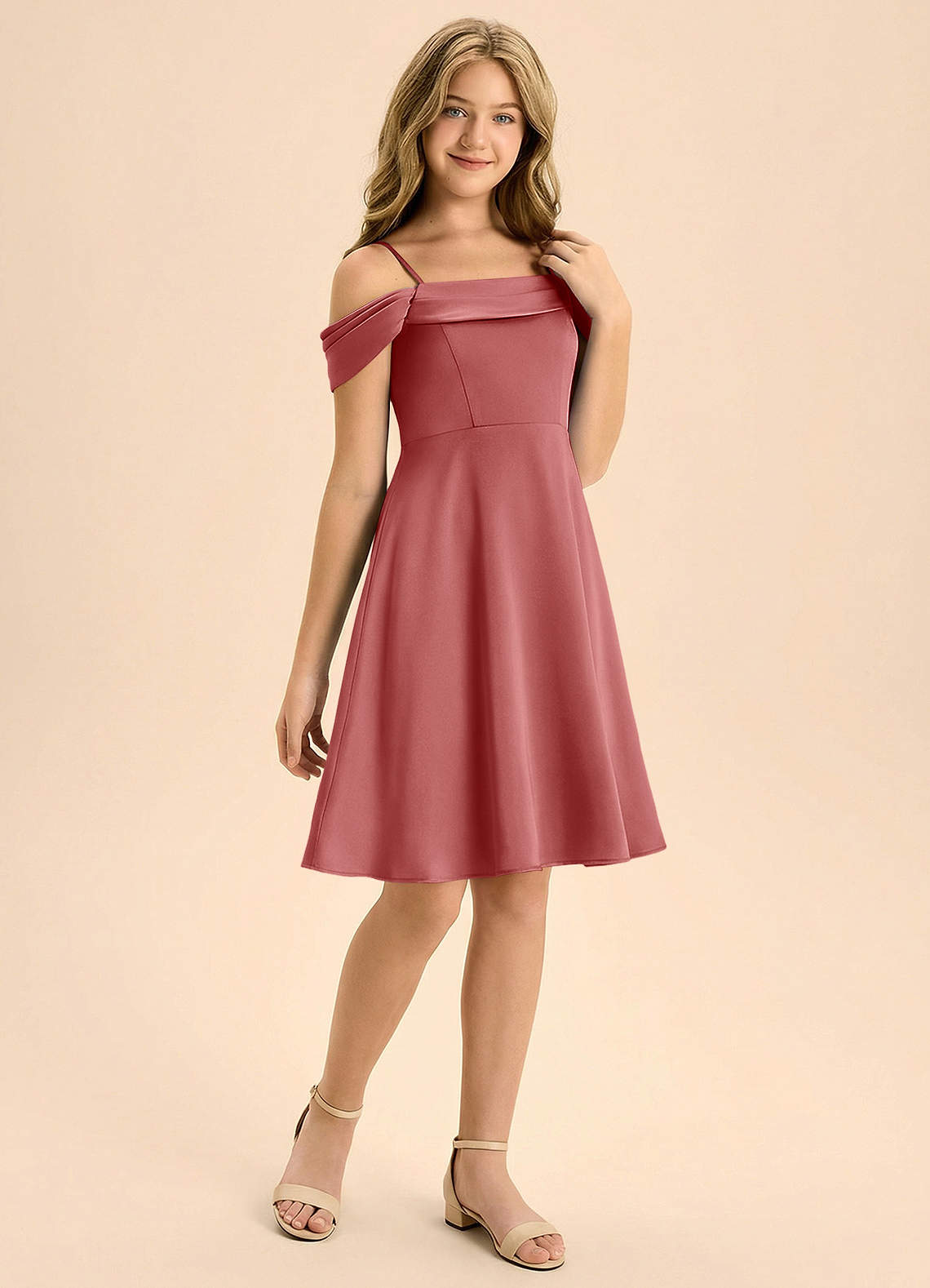 Azazie Anselie Junior A-Linie Plissee Stretch-Satin Kleid Antike Rose image5