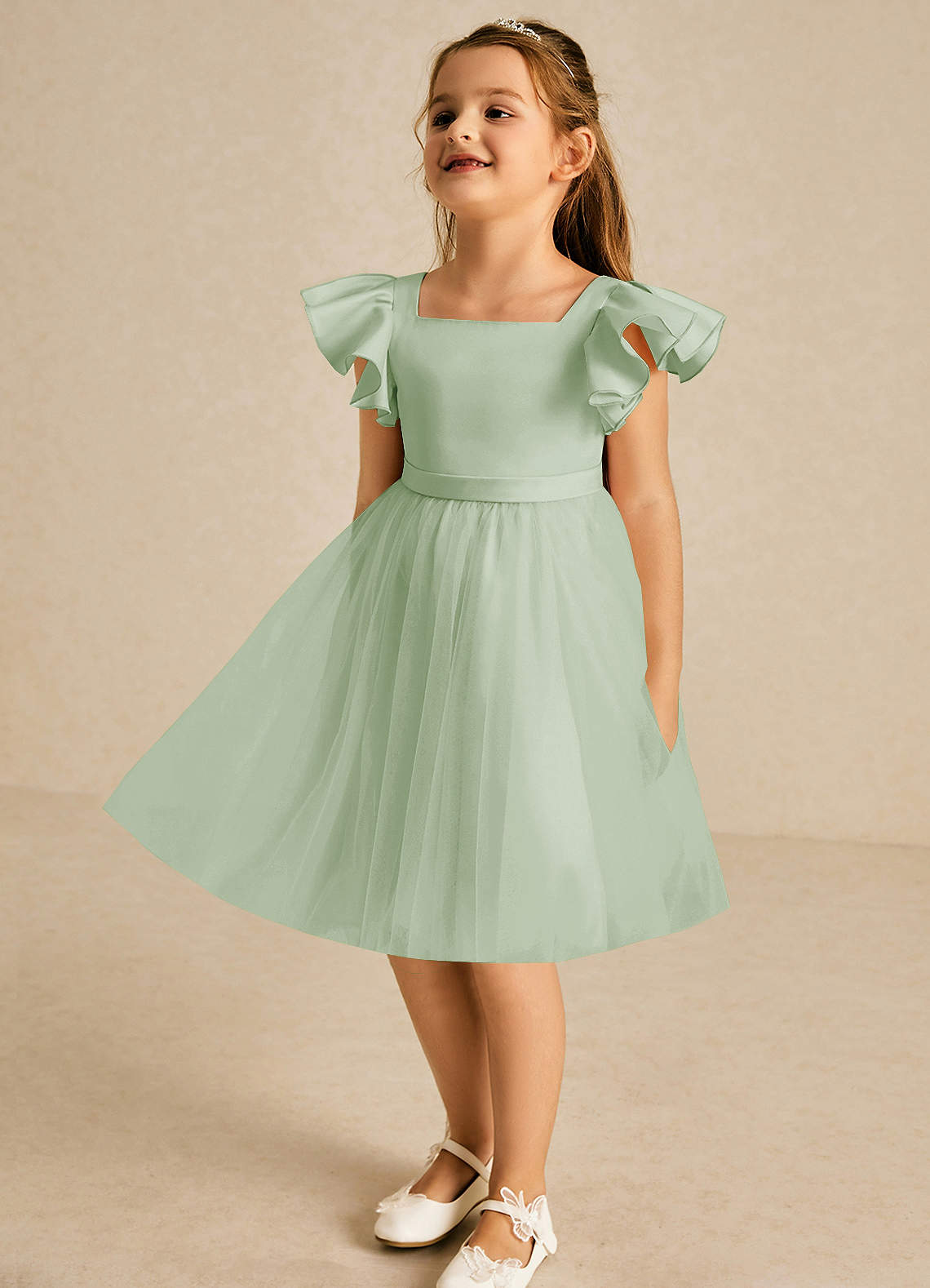 Azazie Kaeya Robe Demoiselle D'honneur Fillette Robe Trapèze en Tulle Arc Vert Sauge image3