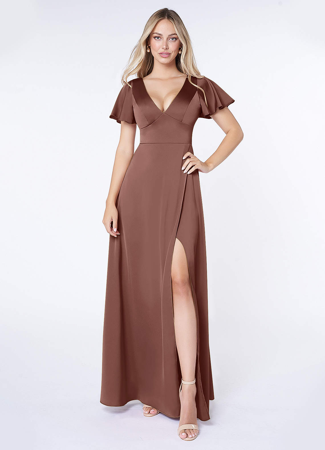 Azazie Lani Bridesmaid Dresses Espresso A-Line Flounce Sleeve Stretch Satin Dress image1