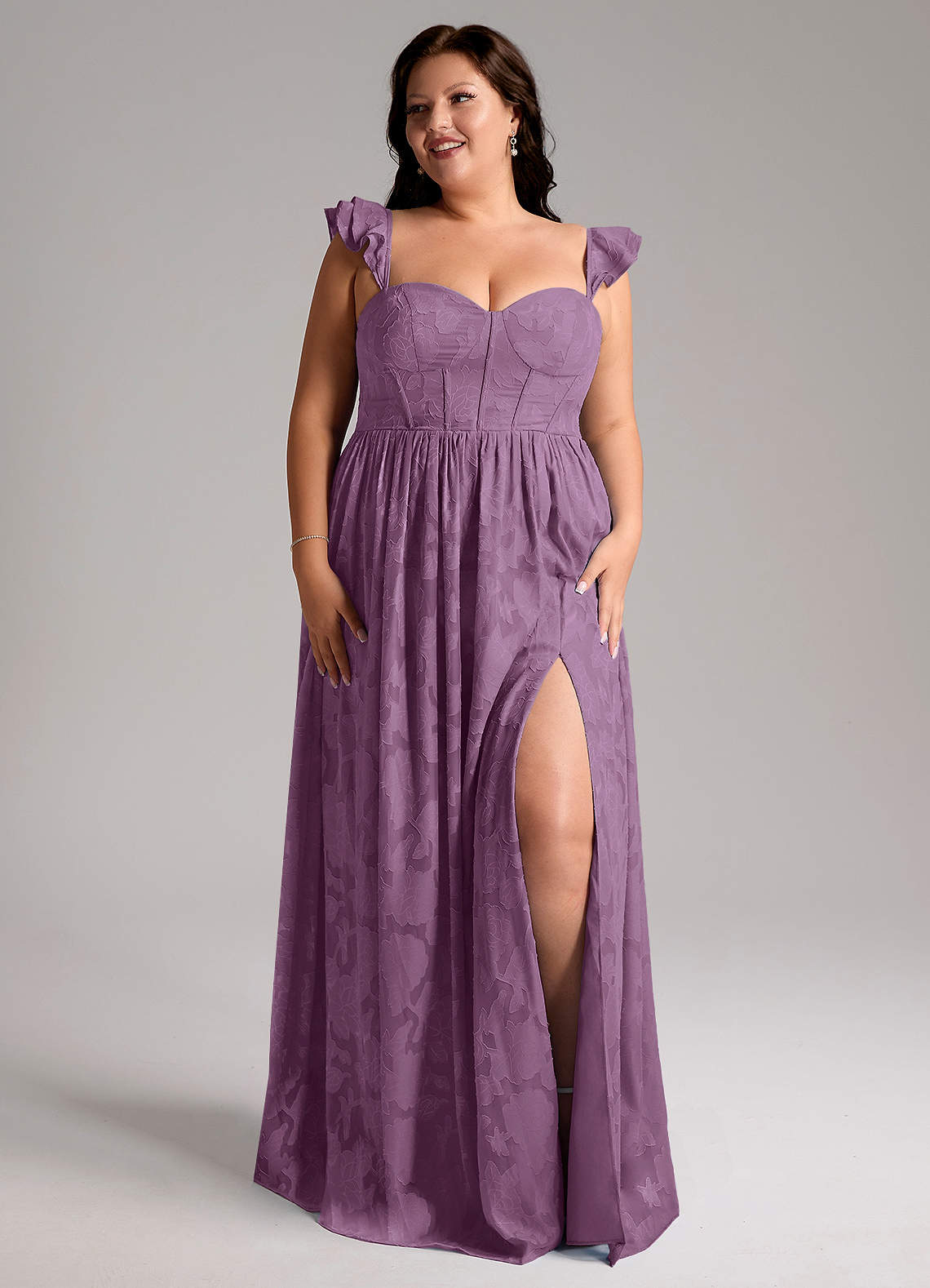 Azazie Denisse Vestidos de madrinha de casamento Vestido Glicínia de Esgotamento Floral de Linha A com Ruched image8