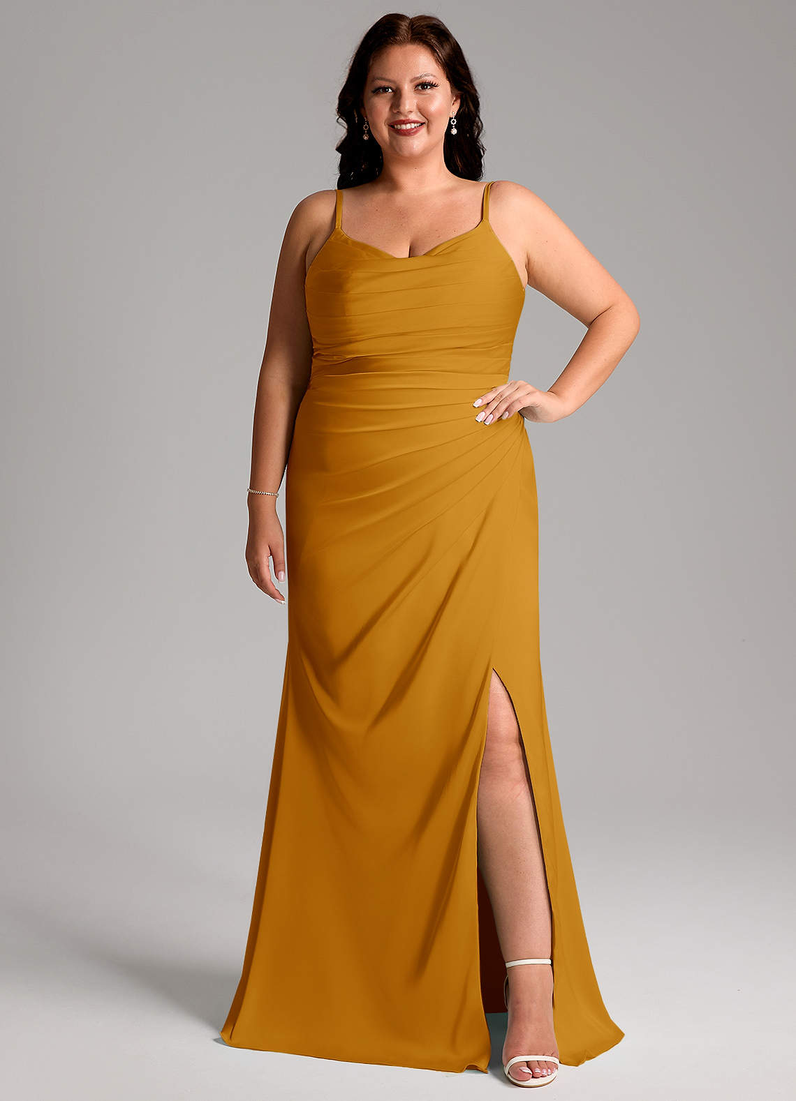 Azazie Deandra Bridesmaid Dresses Butterscotch Mermaid Pleated Stretch Satin Dress image1