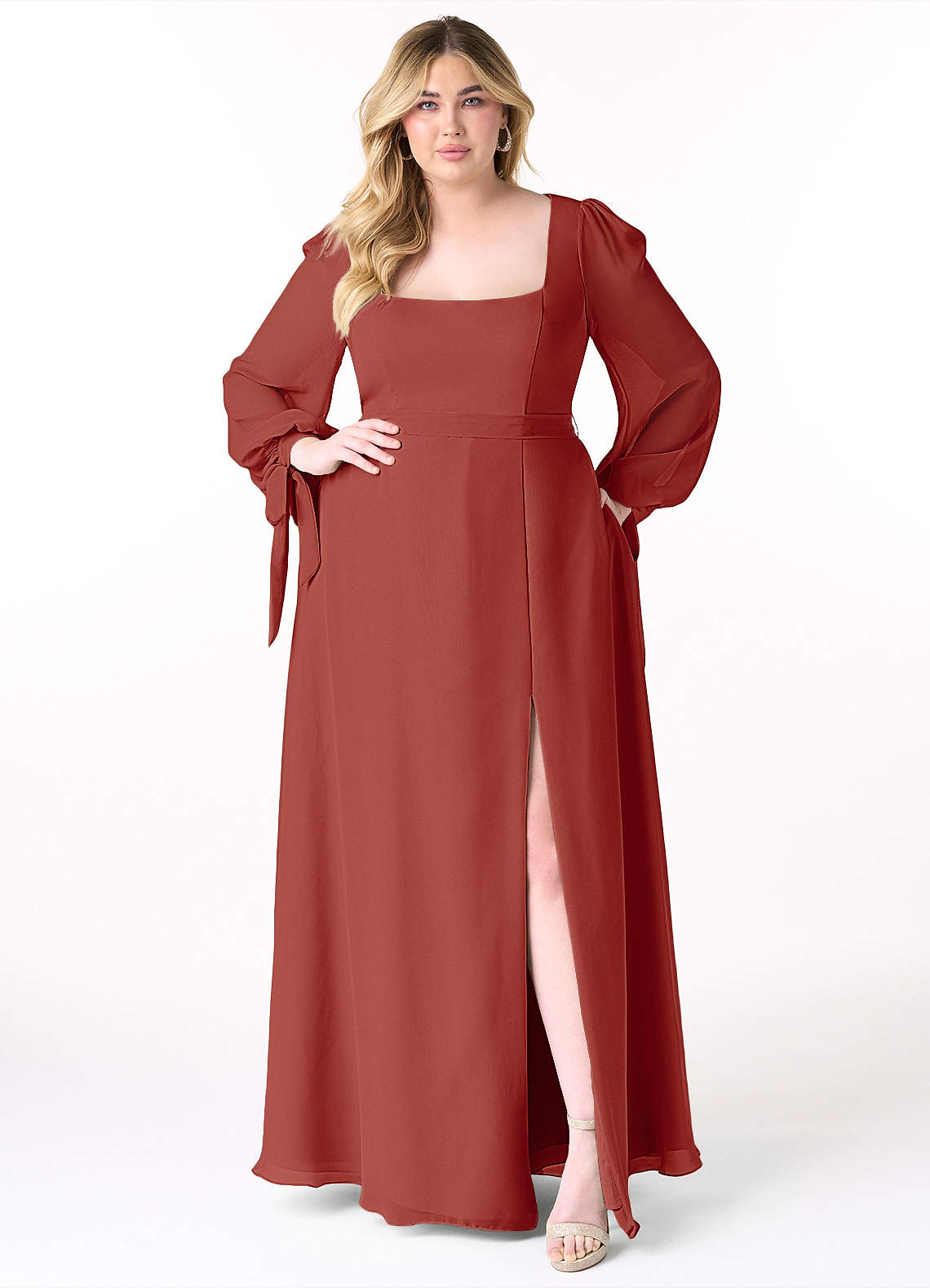 Azazie Leonia Bridesmaid Dresses Terracotta A-Line Long Sleeve Chiffon Dress image10