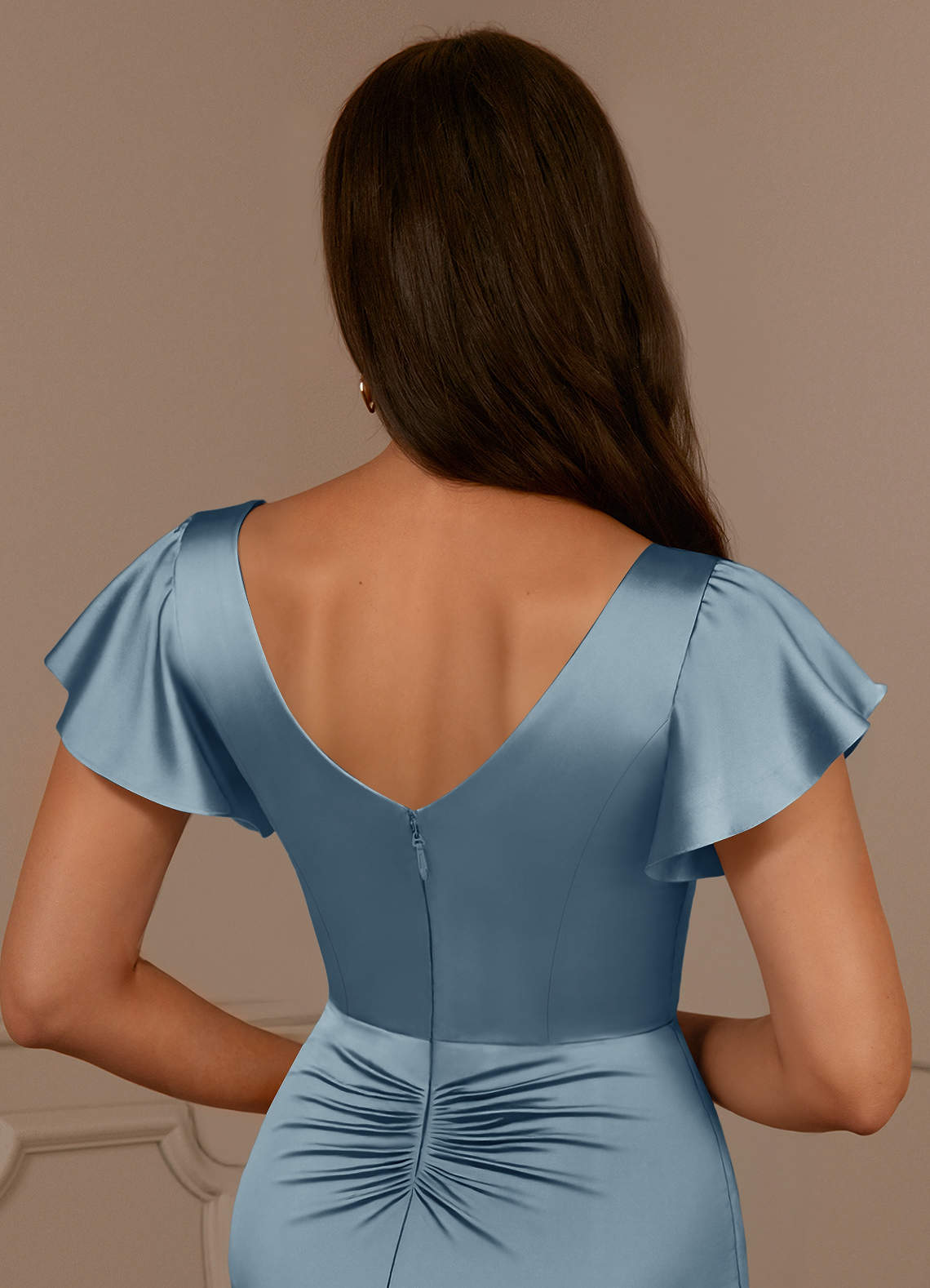 Azazie Roya Moeder van de bruid jurken Zeemeermin Jurk van Stretch Satijn V-hals geplooid Stoffig Blauw image5