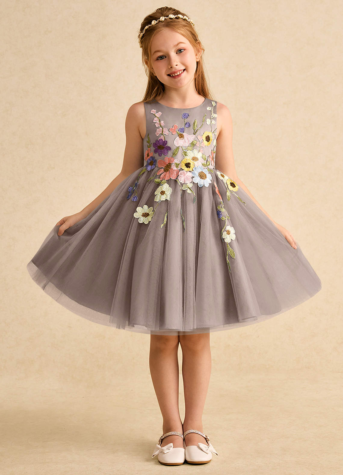 Azazie Prima Flower Girl Dresses Taupe A-Line Bow Tulle Dress image1