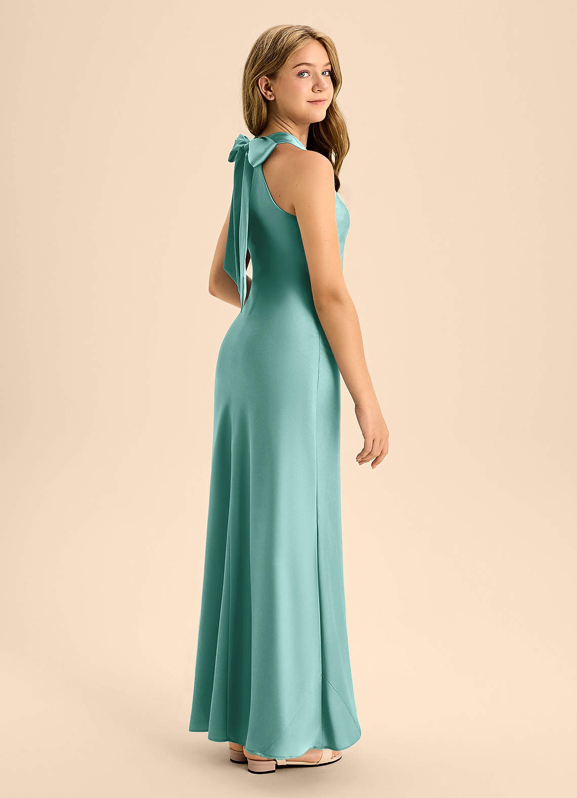 Azazie Doretta Junior Aqua A-Line Pleated Stretch Satin Dress image1