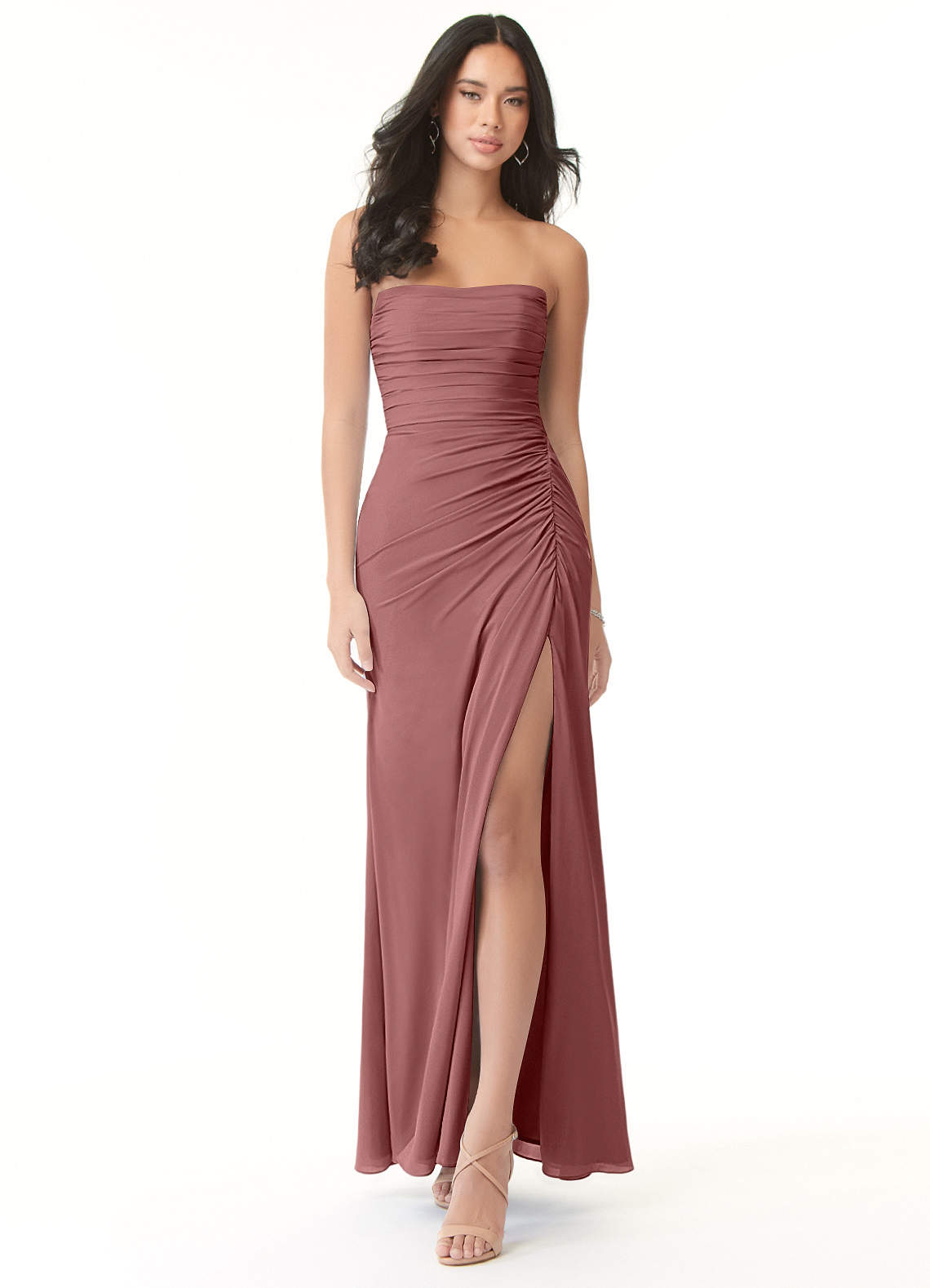 Azazie Darria Vestidos de damas de honor Vestido de Rosa Del Desierto de Chifón elástico de Corte Recto Convertible con Escote Cuadrado Plisado image1