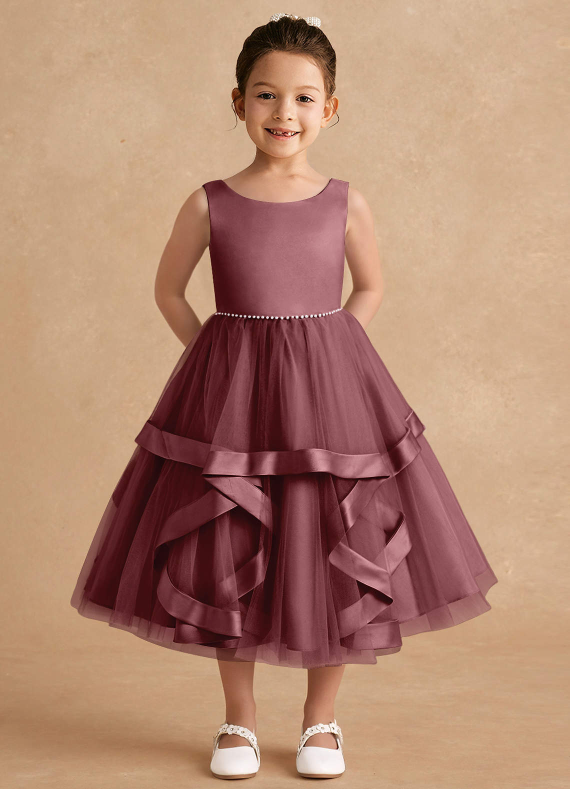 Azazie Posy Blumenmädchenkleider A-Linie Mit Perlen Tüll Kleid Wüstenrose image1