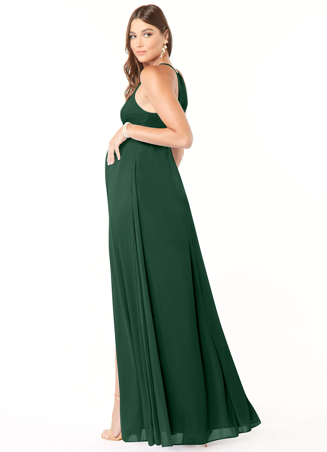 Azazie Plus Size A-Line/Princess Halter Neck Floor-Length Mesh Maternity Bridesmaid Dresses - Dark Green