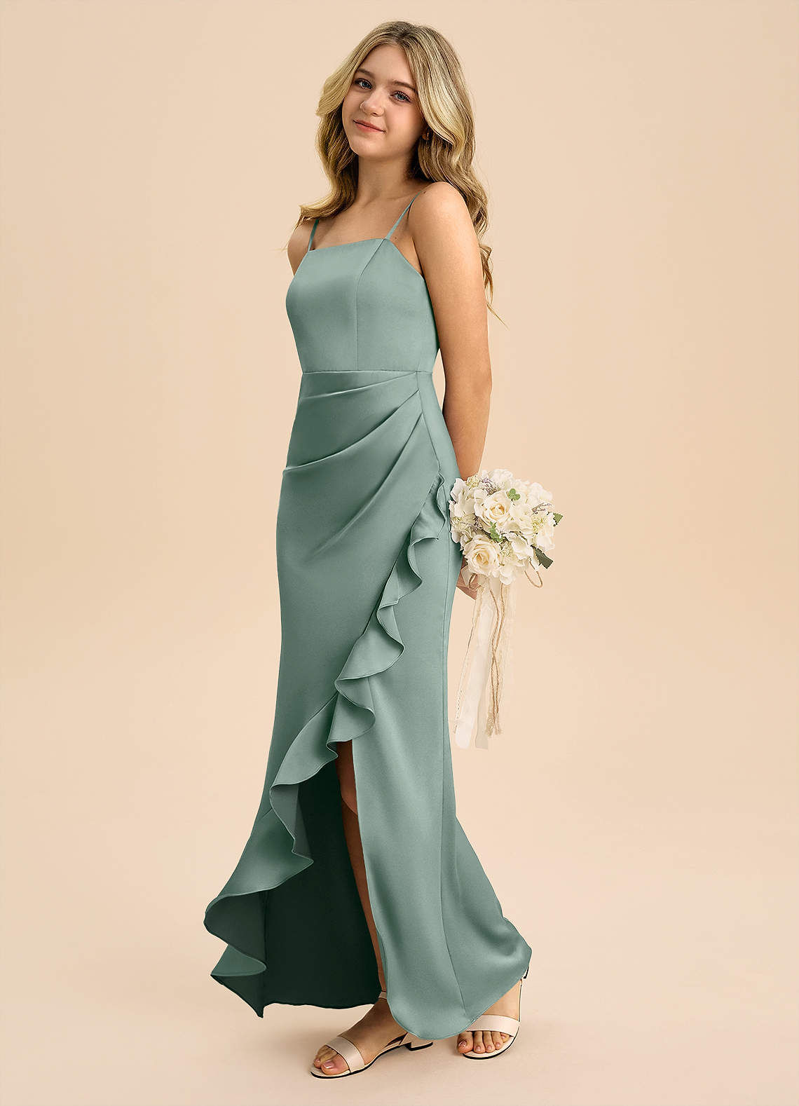 Azazie Buzzy Junior Dusty Blue Sheath Pleated Stretch Satin Dress image5