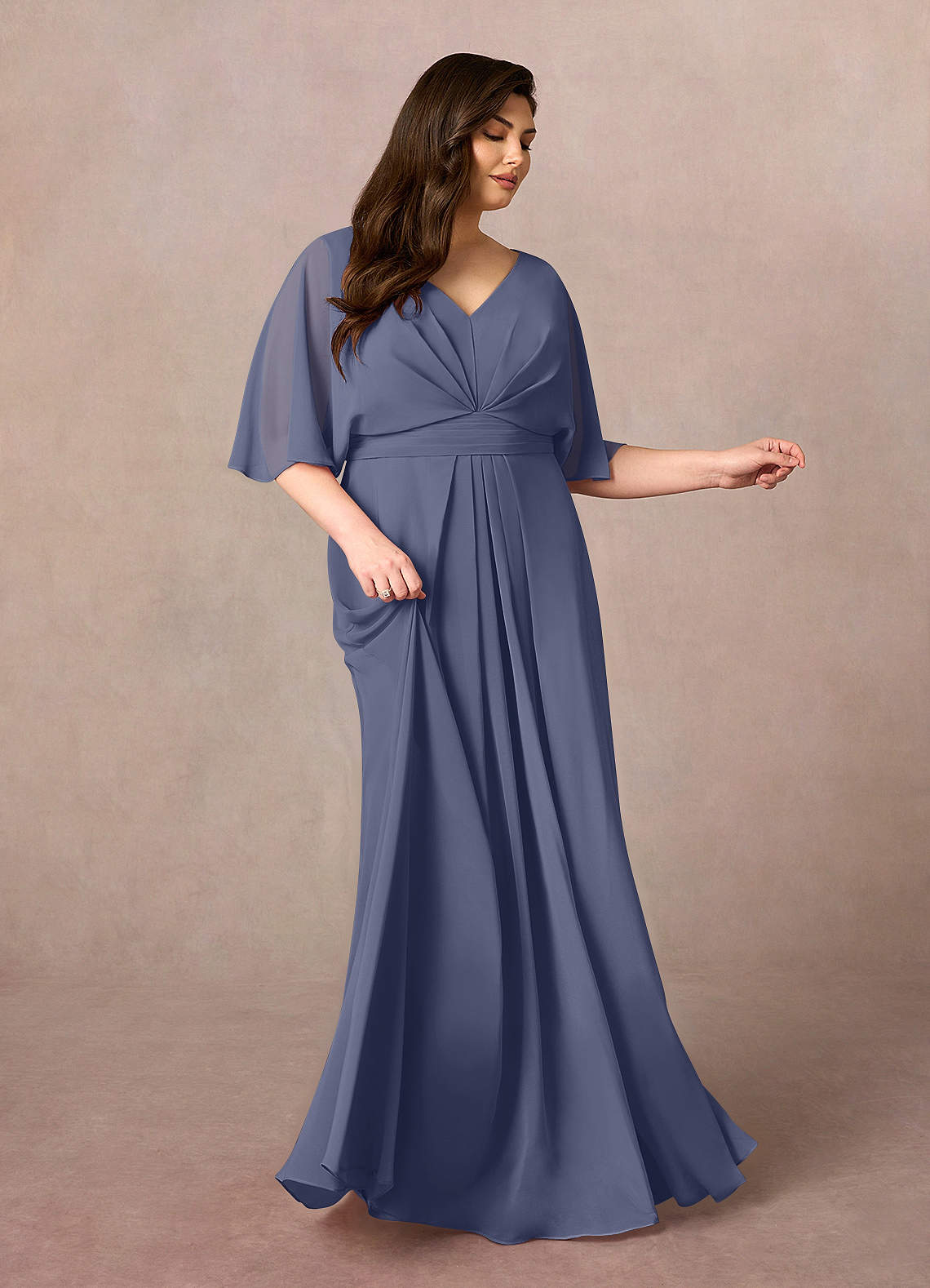 ！トラさん！Pleats collar Chiffon Dress Azazie Oksana Stormy A-Line V-Neck Pleated Chiffon Dress