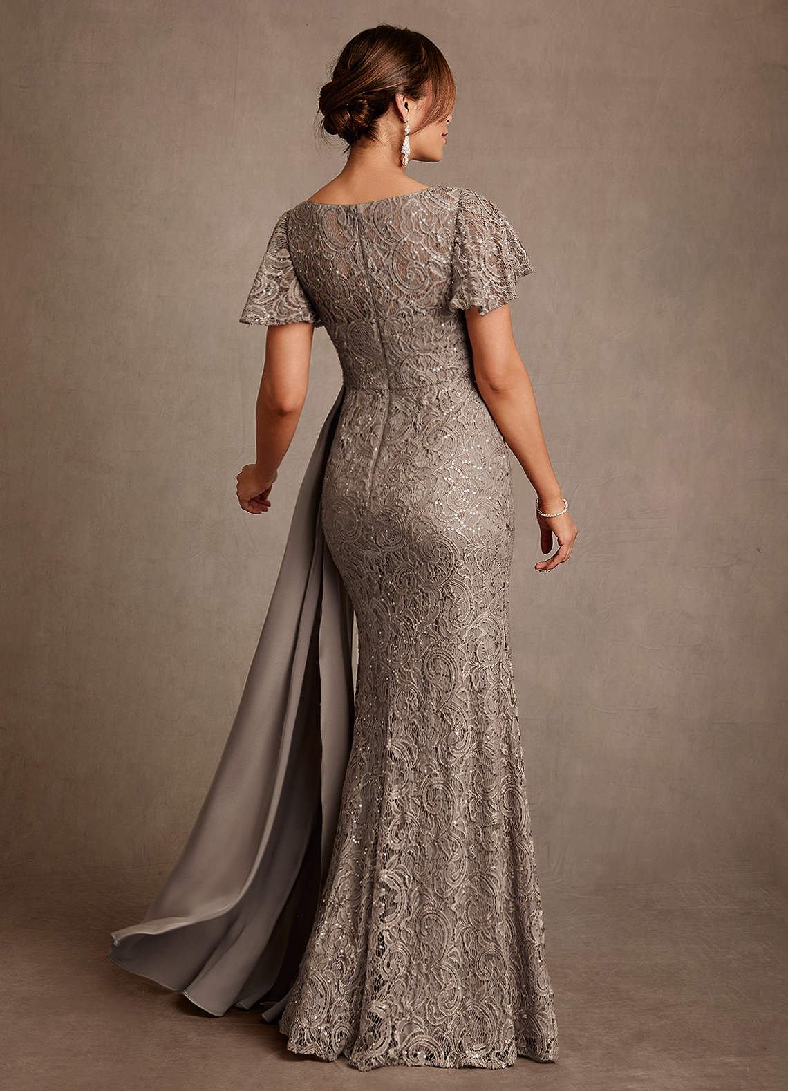 Azazie Harrison Mother of the Bride Dresses Taupe Mermaid Pleated Lace Dress image2