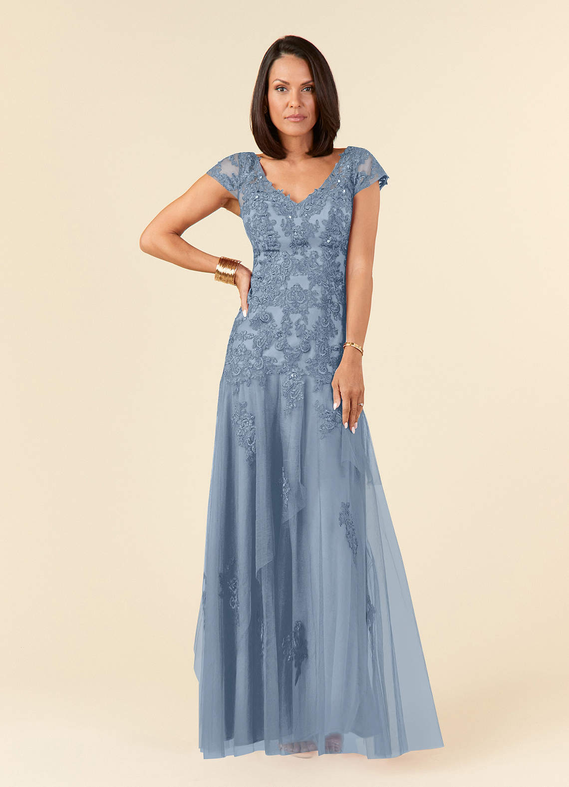 Azazie Romy Dusty Blue Mermaid V-Neck Sequins Tulle Dress | Azazie