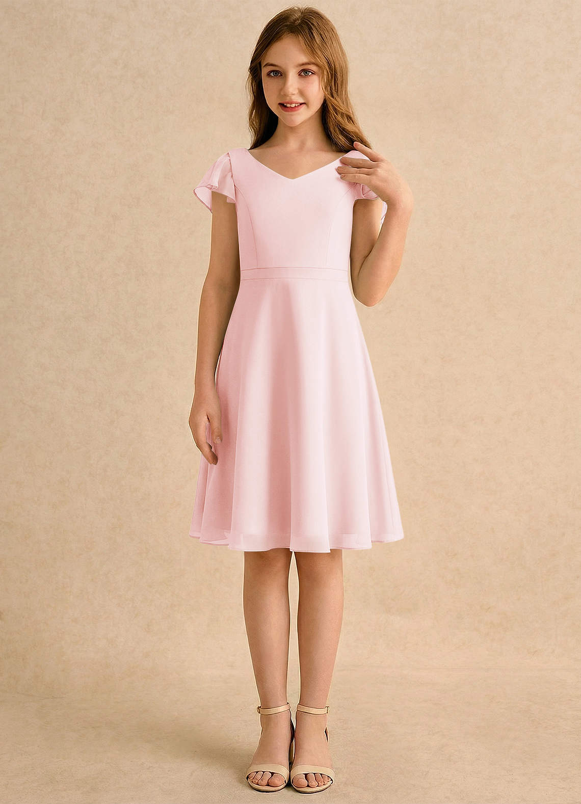 Azazie Narin Girls Formal Sukienki dla dziewczynek sypiących kwiaty Linia A z rękawami Szyfon Długość do kolan Sukienka image3