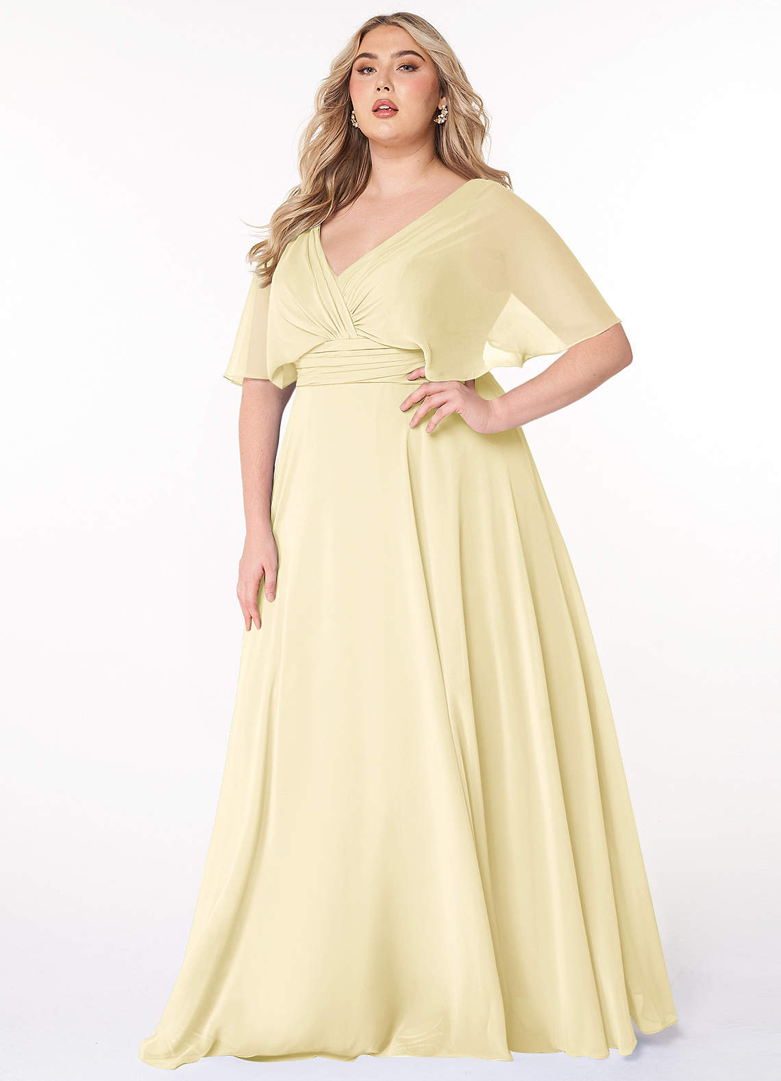 Azazie Pamela Robes de demoiselle d'honneur Robe Trapèze en Mousseline de soie Col V plissé Sorbet Citron image1
