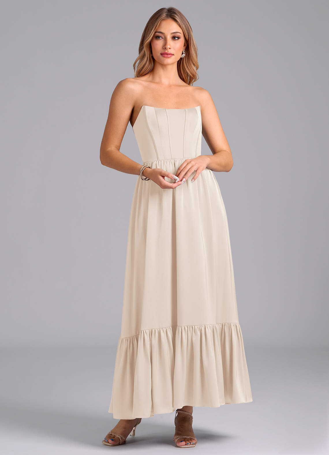 Azazie Leilana Bridesmaid Dresses White Alabaster A-Line Corset Stretch Satin Dress image1