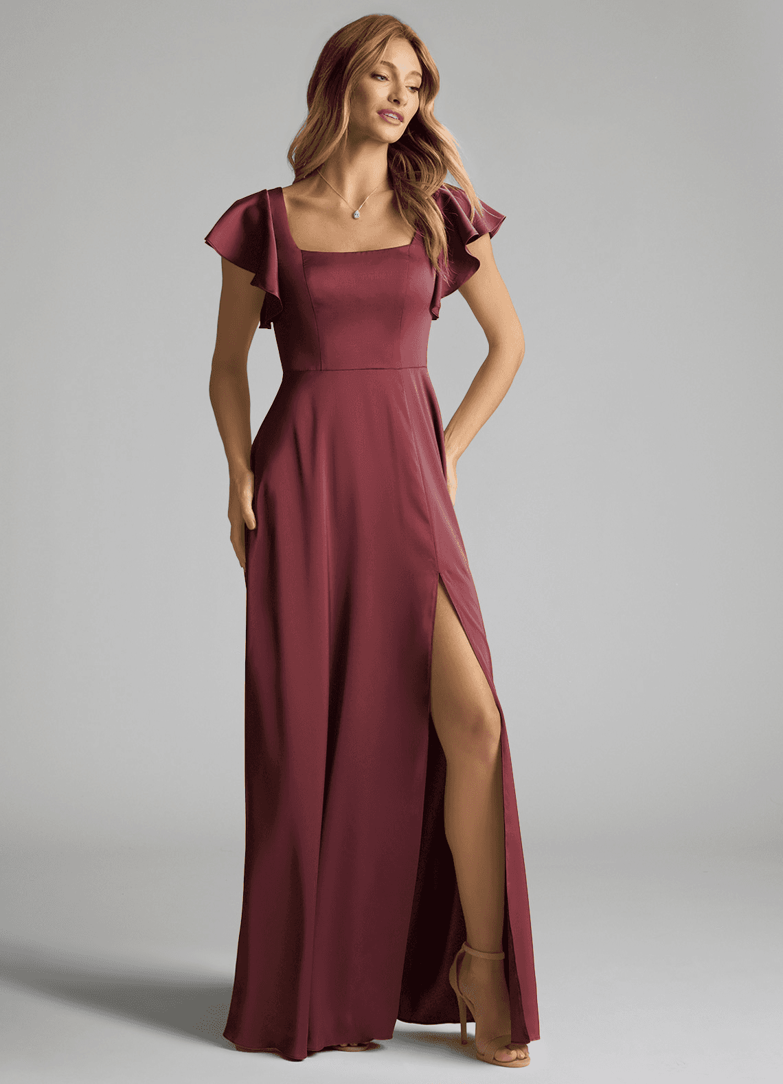 Azazie Bondi Bridesmaid Dresses Merlot A-Line Bow Stretch Satin Dress image1