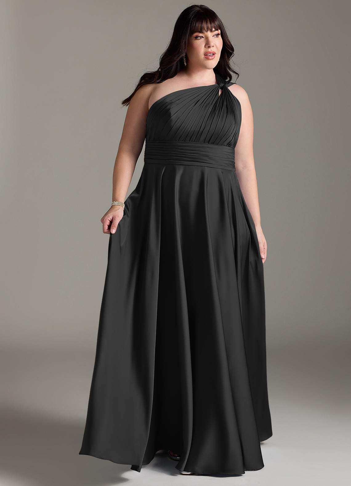 Azazie Charlize Bridesmaid Dresses Black A-Line One Shoulder Stretch Satin Dress image10
