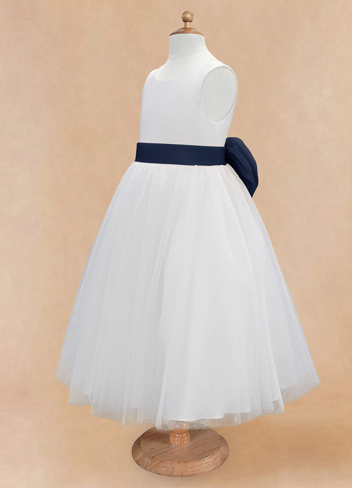 Azazie Kavi Flower Girl Dresses Ivory Dark Navy A-Line Bow Matte Satin Dress image8