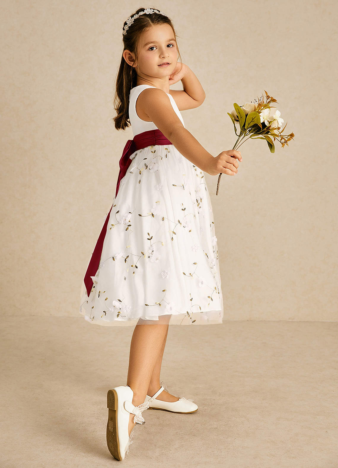 Azazie Pollie Flower Girl Dresses Ivory Burgundy A-Line Bow Tulle Dress image2